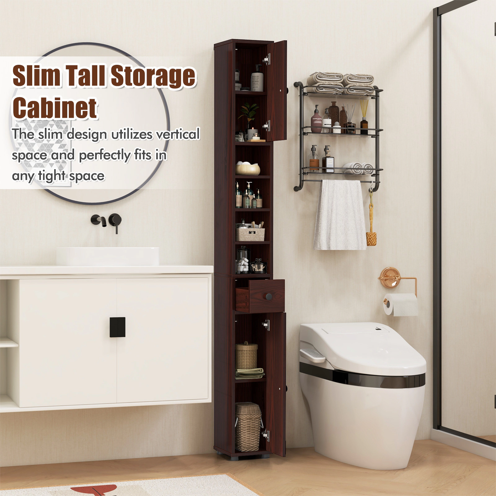 SUGIFT Brown 110-lb Capacity 8-in Slim Freestanding Bathroom Storage Cabinet with Drawer and 5 Adjustable Shelves