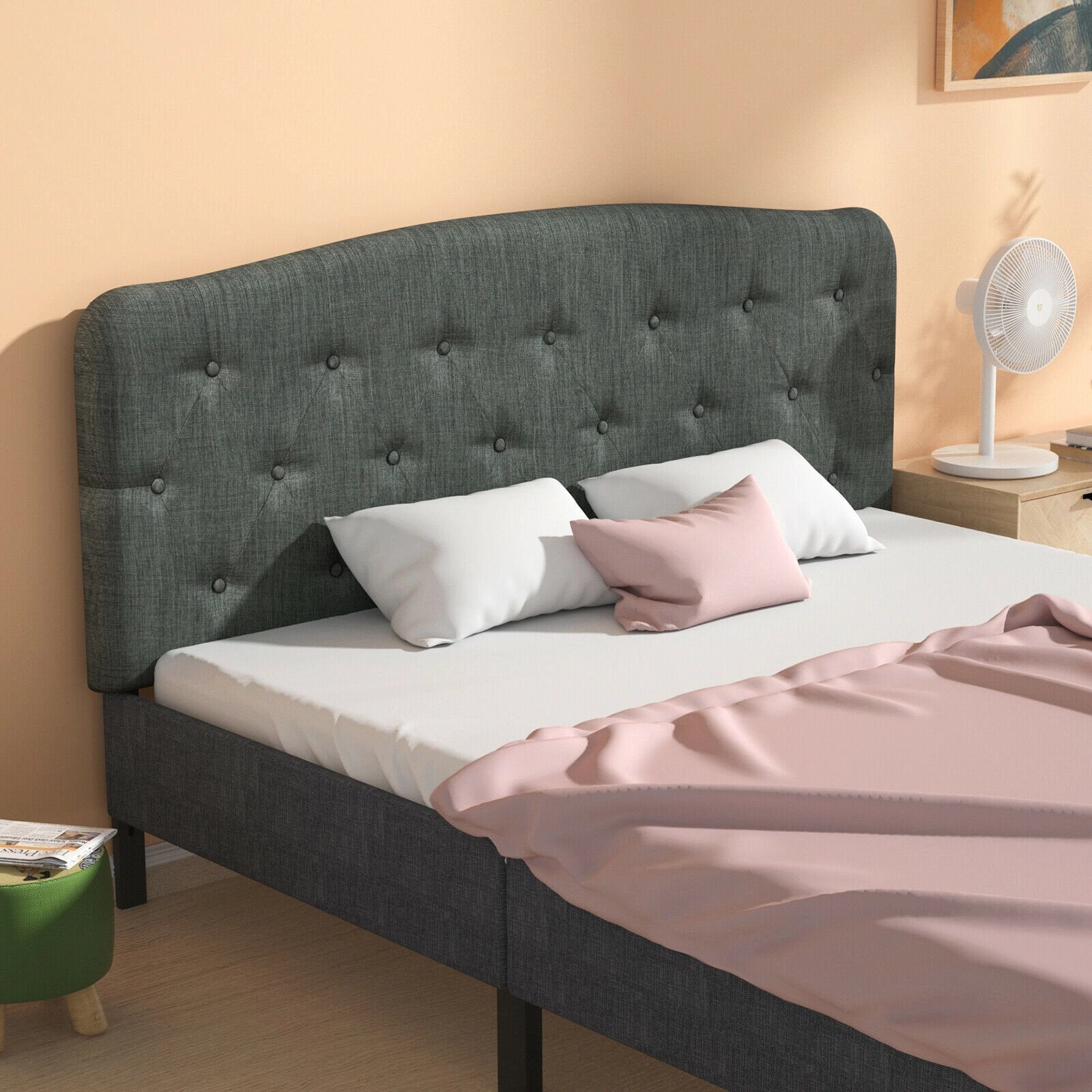 SUGIFT Full Size Button Tufted Faux Linen 2 Adjustable Heights Headboard 55-in x 3-in 38-in to 53-in Tall Dark Gray