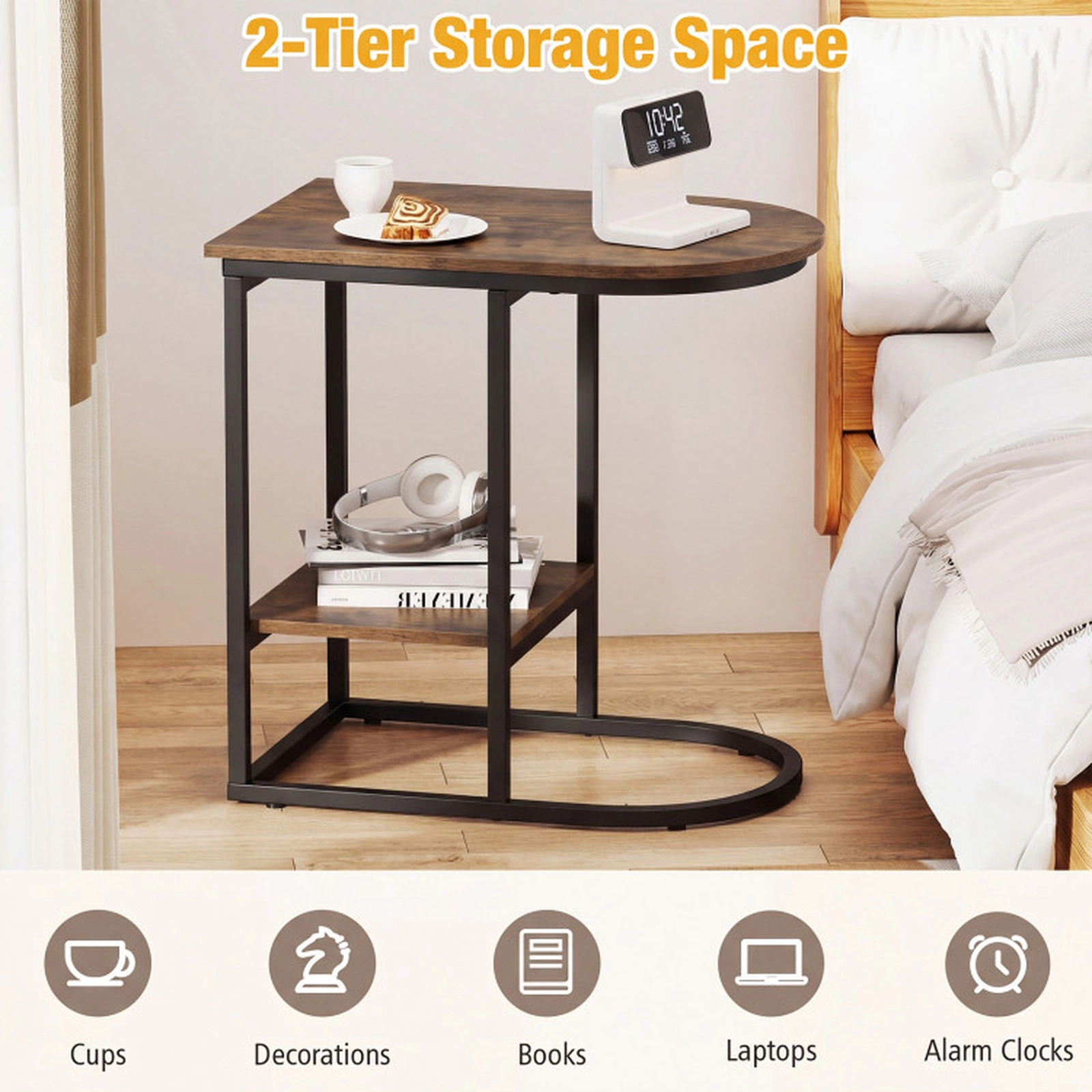 SUGIFT C-Shaped Sofa Side Table Faux Marble Tabletop & Storage Shelf 66-lb Tabletop Capacity 22-lb Shelf Capacity Rustic