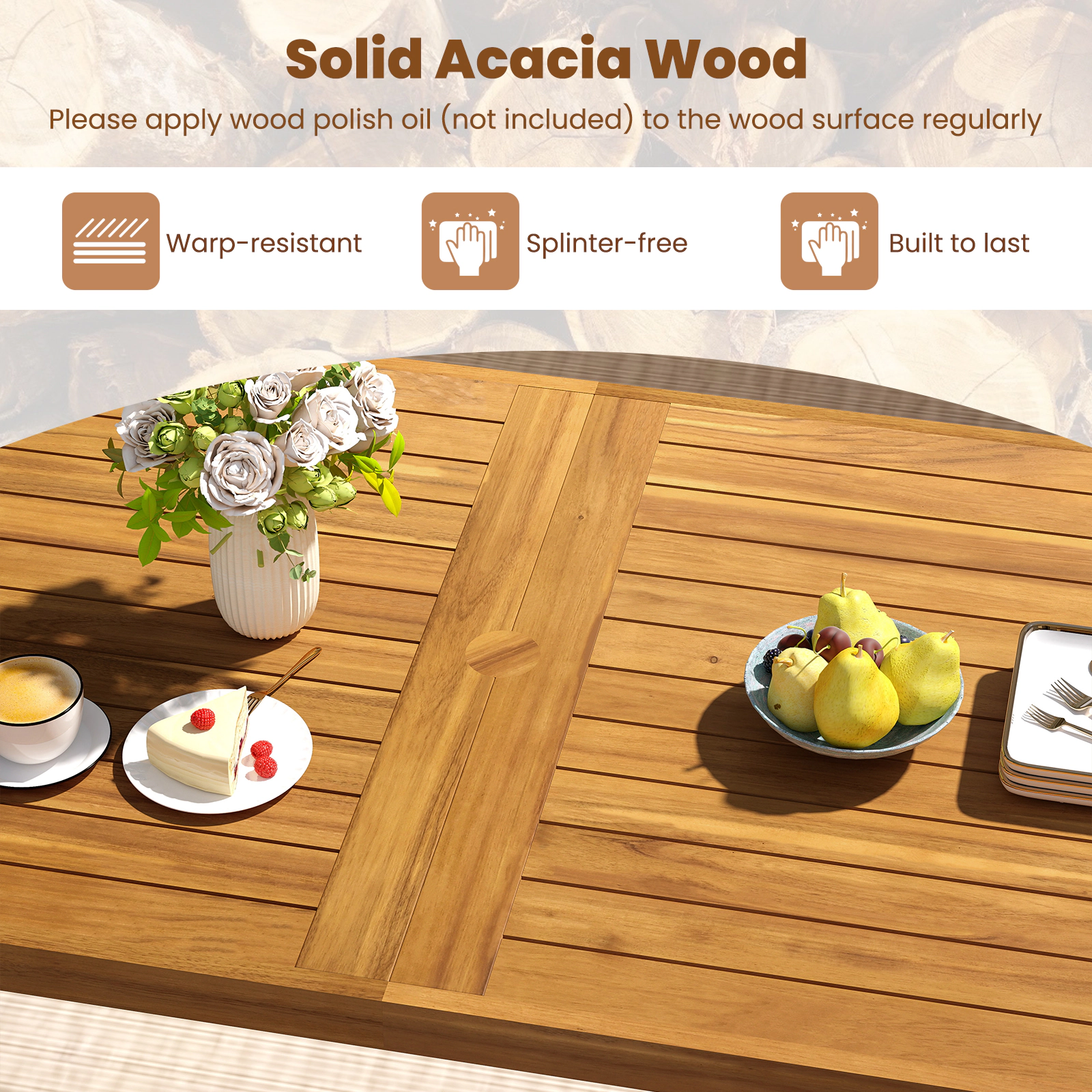 SUGIFT 3-Piece Acacia Wood Patio Dining Set, 63-Inch Table, 2 Backless Benches, Umbrella Hole
