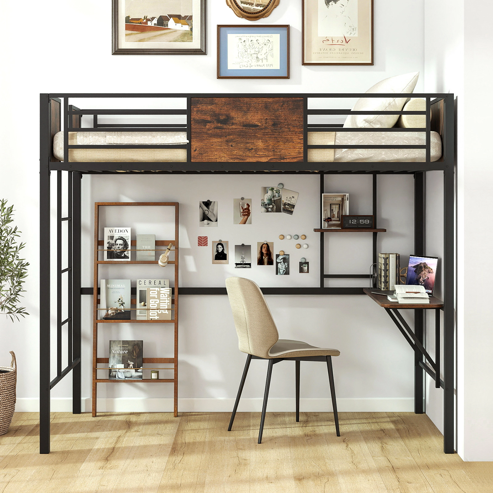 SUGIFT Twin Loft Bed with Desk and Open Shelf, Metal Frame, Black and Rustic Brown