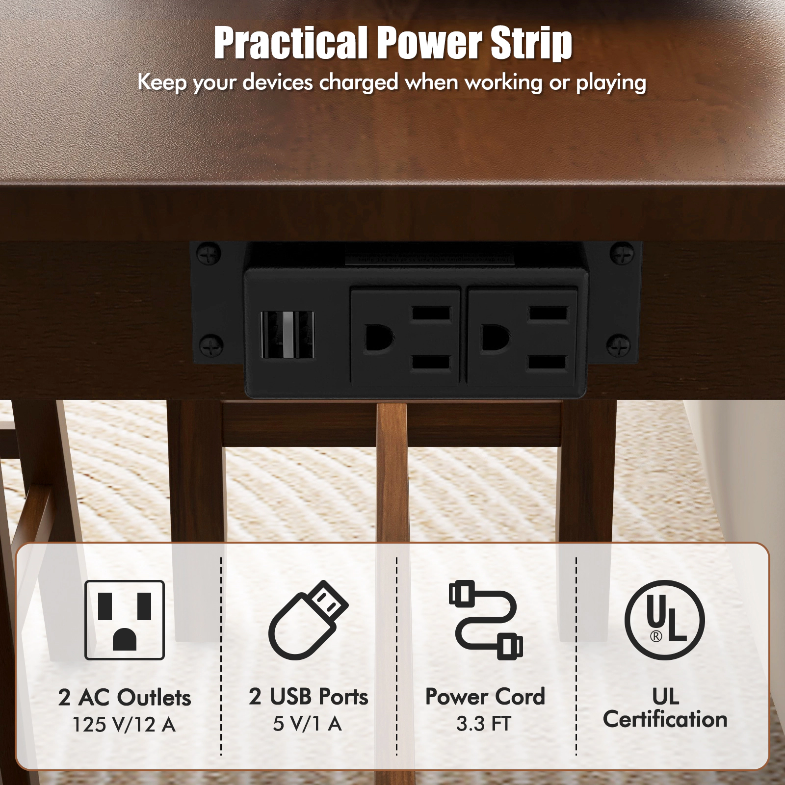 Slickblue 4 Piece Counter Height Dining Table Set with 3 Stools Walnut Brown USB Outlet