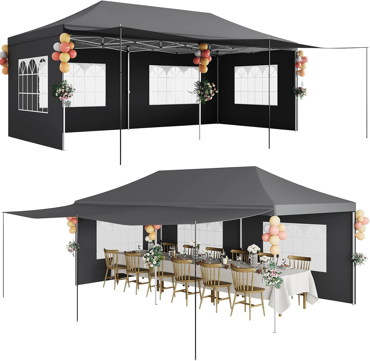 WHITE Pop Up Canopy Tent, 420D Oxford, Pointed Roof, Sidewalls with Windows, Stable Frame, Portable Carry Bag