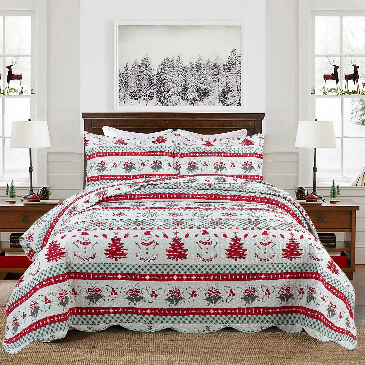 MarCielo 3 Piece Christmas Quilt Bedspread Set, Snowflake Christmas Tree Coverlet Set