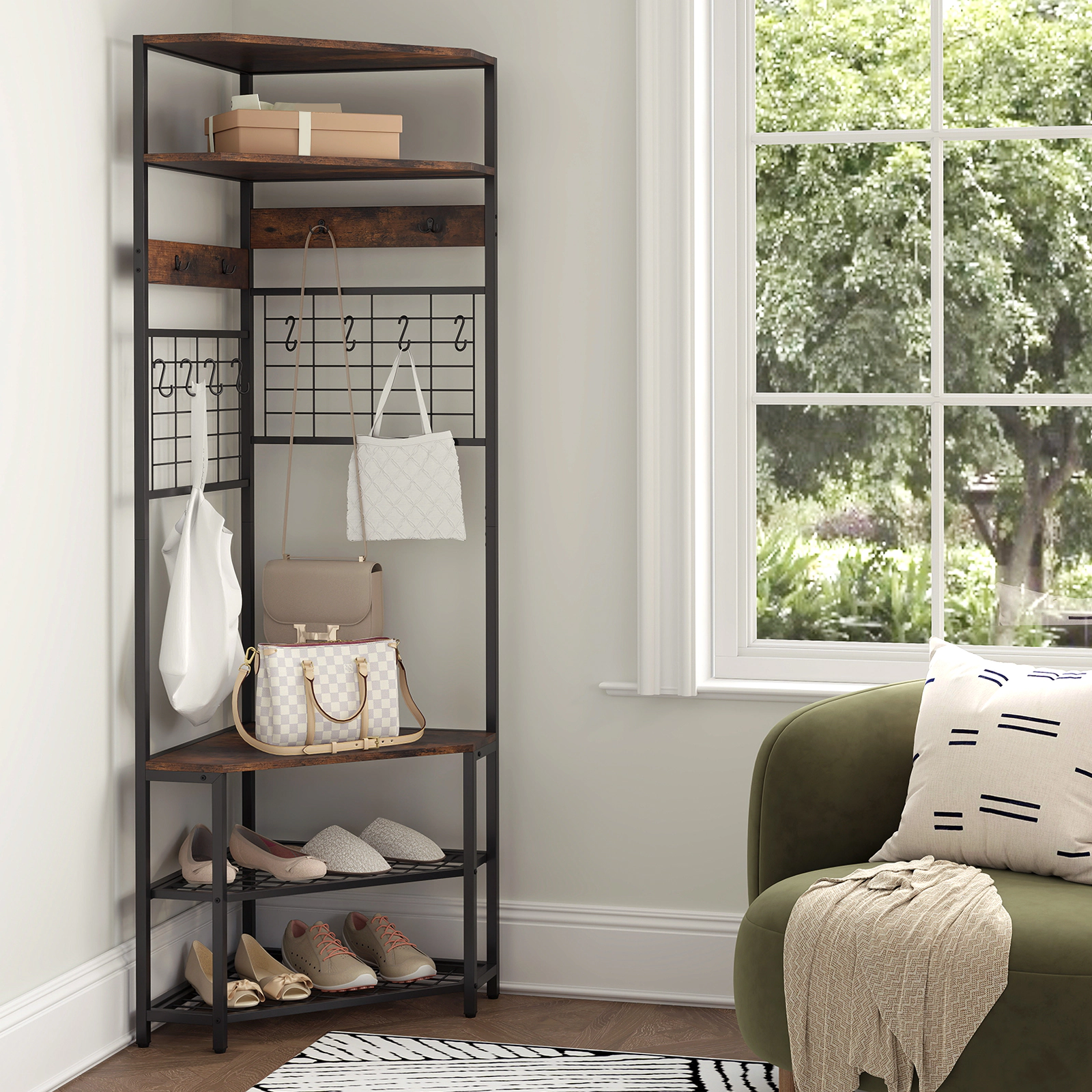 SUGIFT 5-Tier 72-in Tall Corner Hall Tree with Shoe Storage Bench 12 Hooks and Entryway Coat Rack