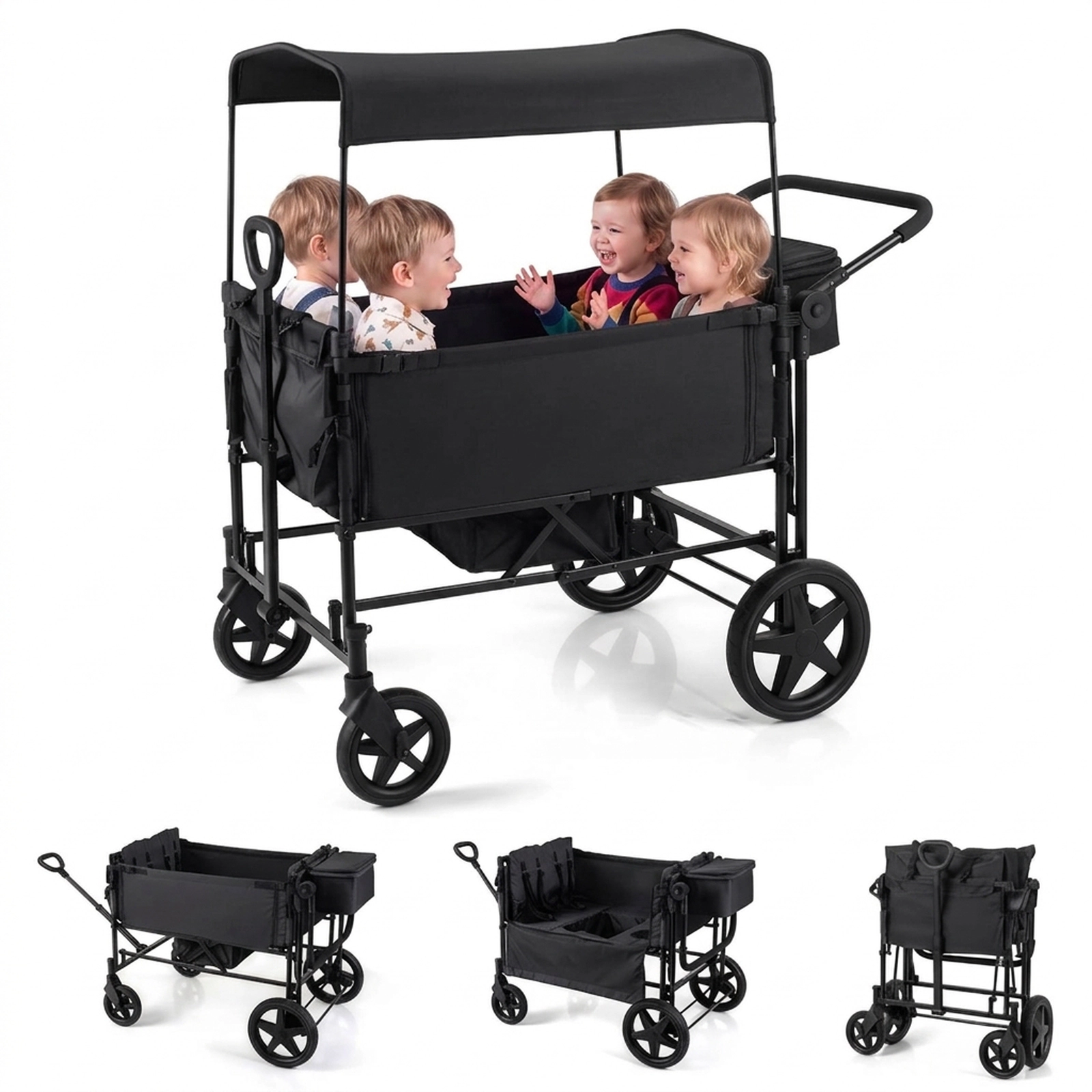 SUGIFT Toddler Black 4-Seat Wagon Stroller with Removable Canopy 53-in W 30.5-in D 50-in H 160-lb Wagon Capacity