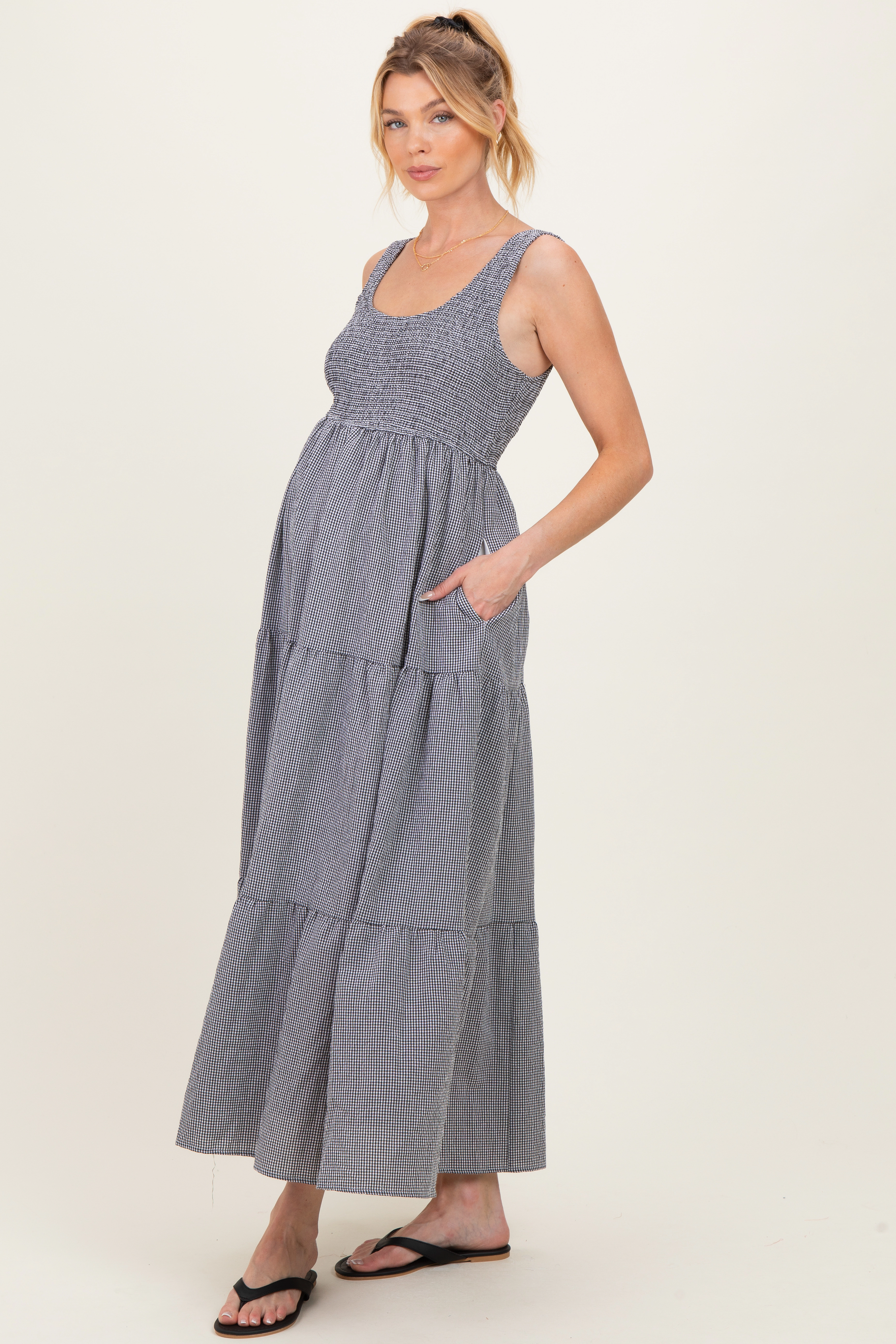 PinkBlush Womens Black Gingham Smocked Bodice Maternity Maxi Dress