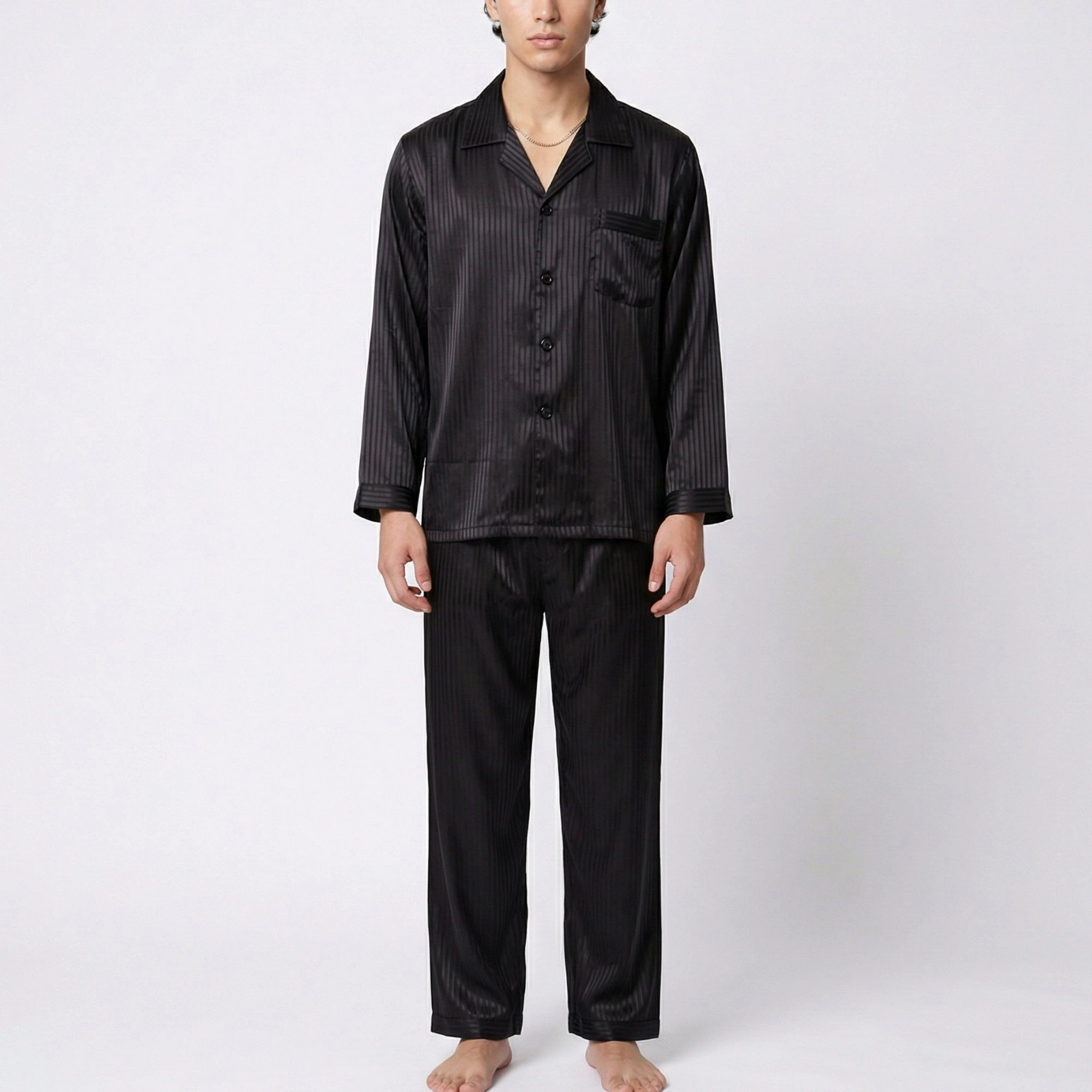 Anna-Kaci Men's 2-Piece Satin Pajamas with Subtle Stripe Pattern and Button Up Top