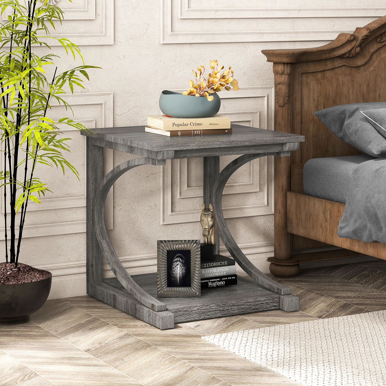 Slickblue Sofa End Table with Storage Shelf, C Shaped Accent Table for Living Room Bedroom Gray