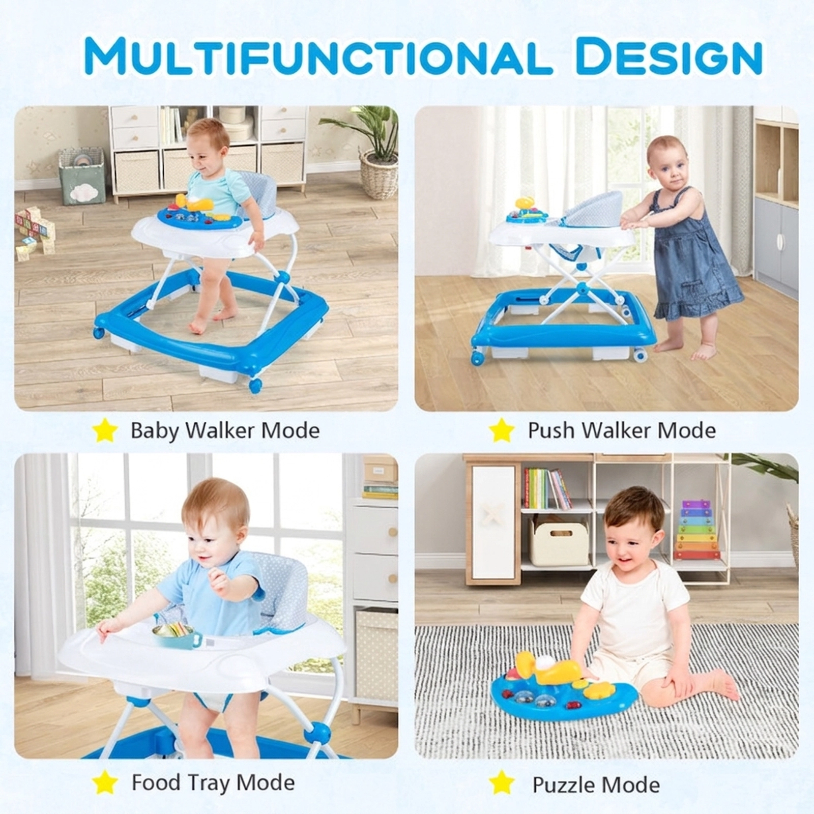 SUGIFT Baby Blue Foldable Walker with Music Tray and 3 Adjustable Heights 24.5-in W 24-in D 26.5-lb Seat Capacity
