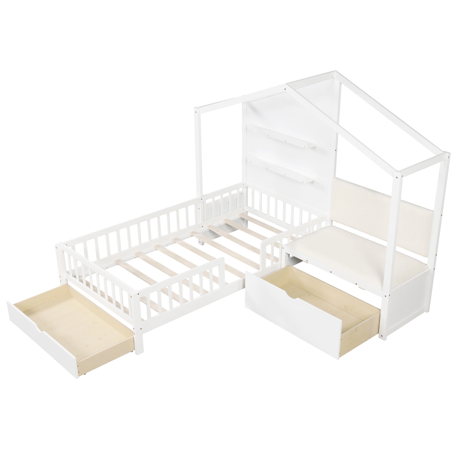 SUGIFT White Padded Bench Backrest Floating Shelves and 2 Drawers Twin Kids House Platform Bed