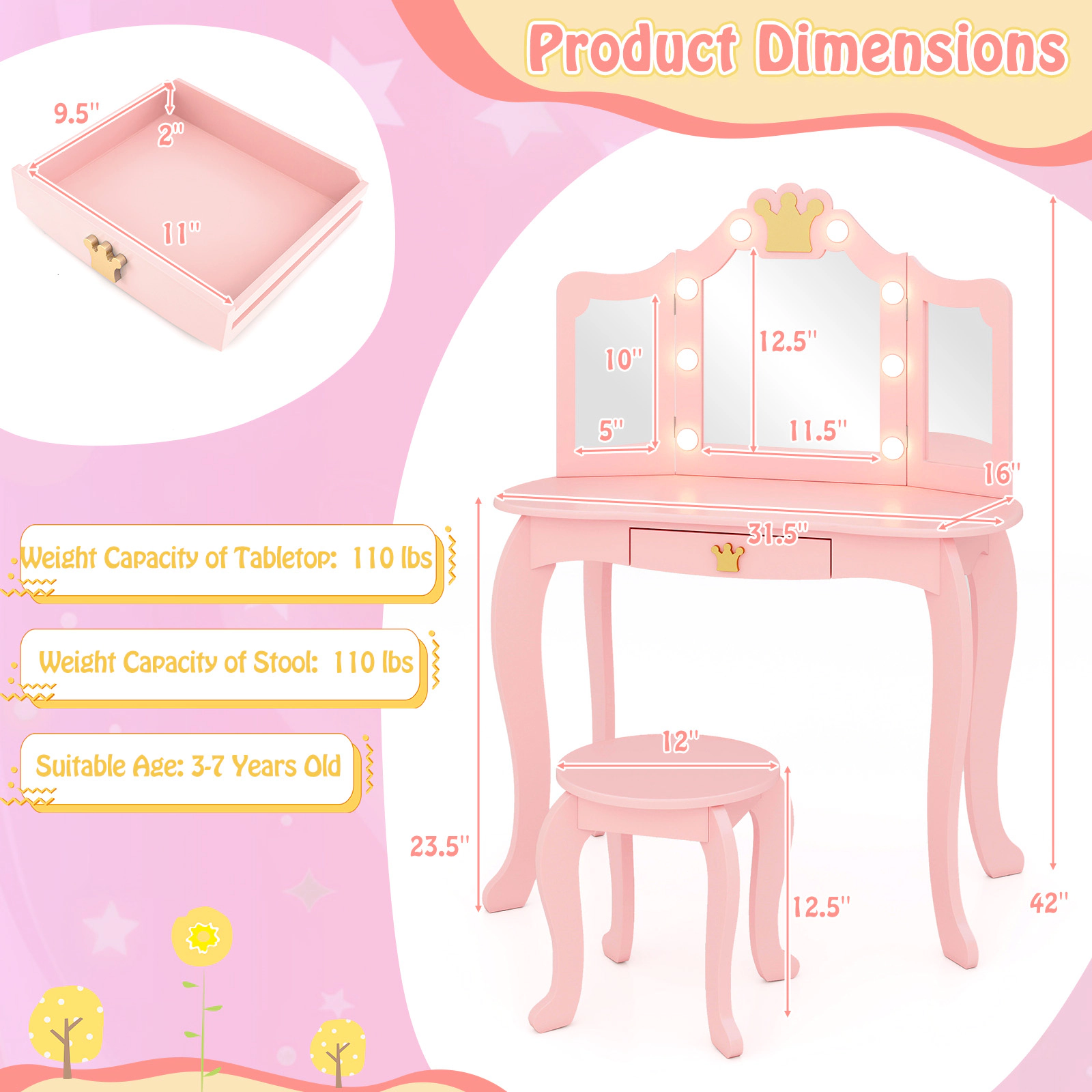SUGIFT Pink Kids Vanity Set with Tri-Fold LED Mirror, Stool and Detachable Desk