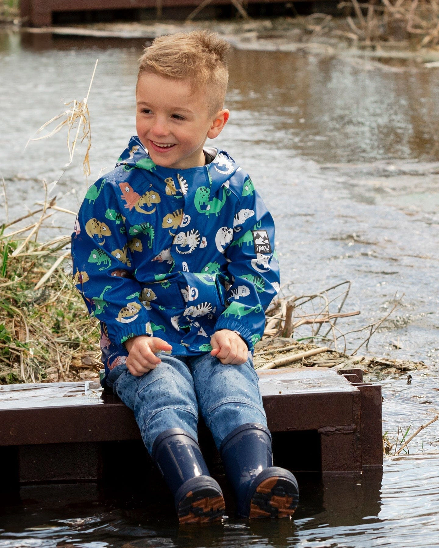 Deux par Deux Boys Rain Jacket In Polyurethane Chameleon Print
