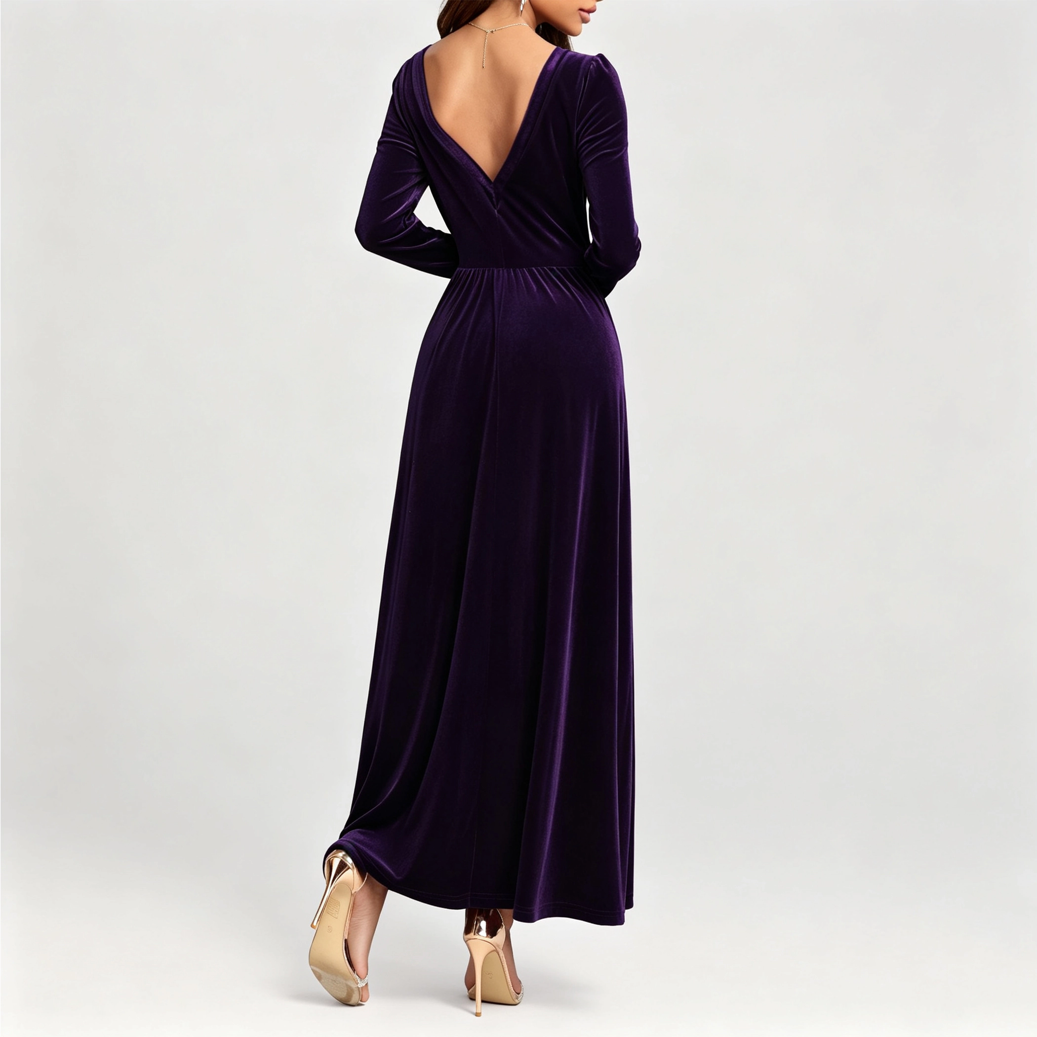 YesFashion Women's Square Neck Velvet Maxi Dresses High Waist Puff Long Sleeve Elegant Dress