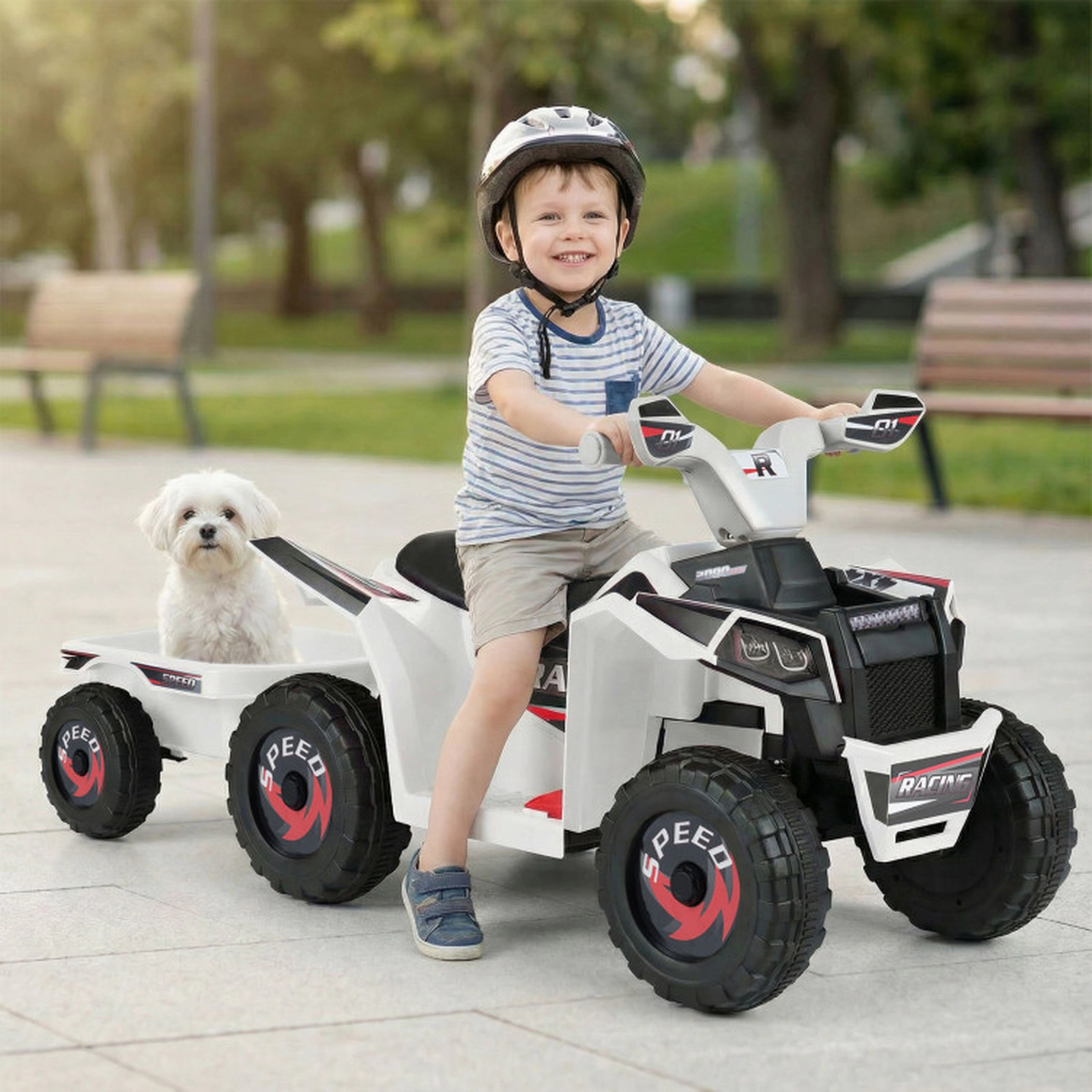 SUGIFT 6V Battery-Powered Kids Electric ATV Quad Car with Detachable Trailer 66-lb Capacity Ages 3+ 41-in Long White