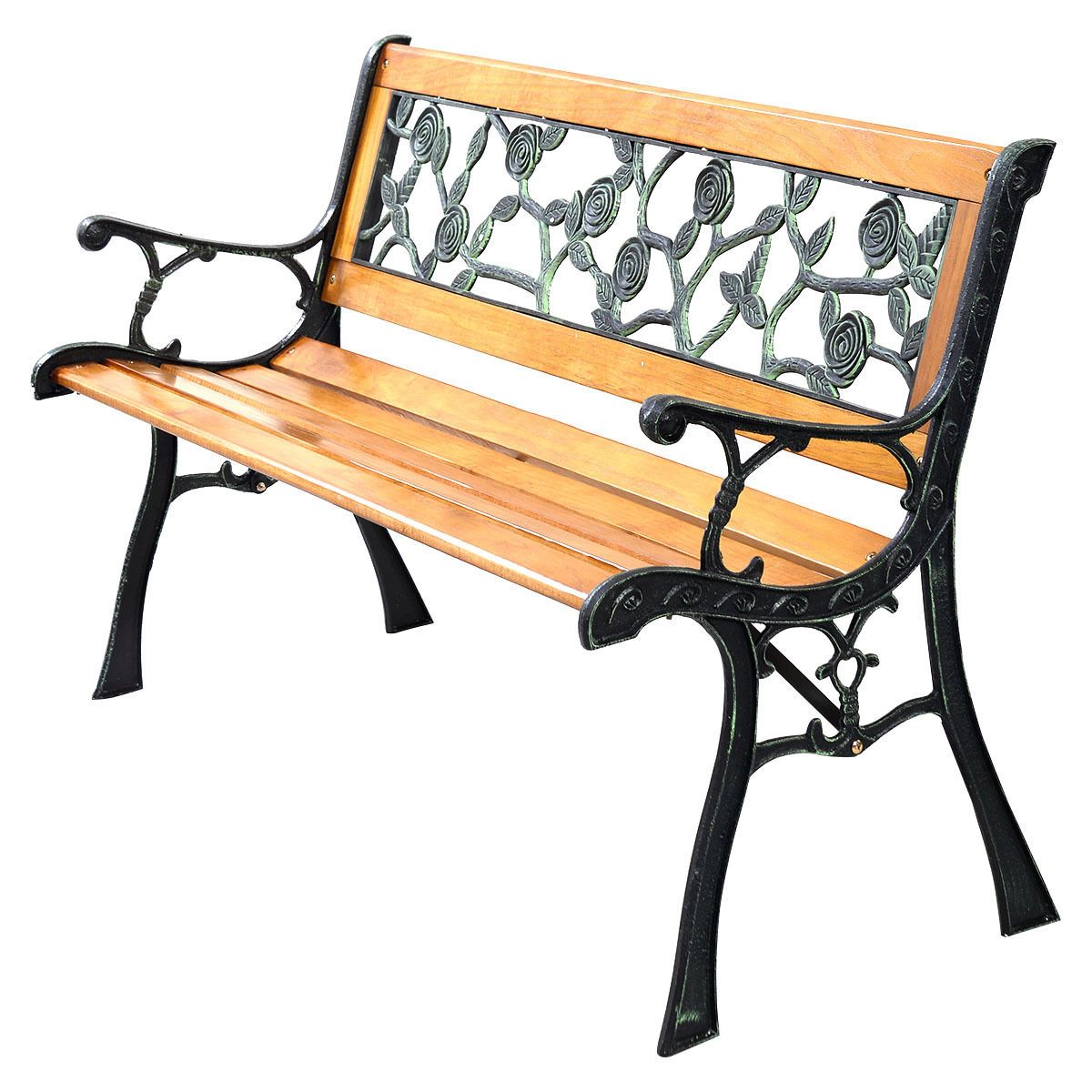 SlickBlue 3 Person Outdoor Bench with Cast Iron Frame and Wood Slat Seat