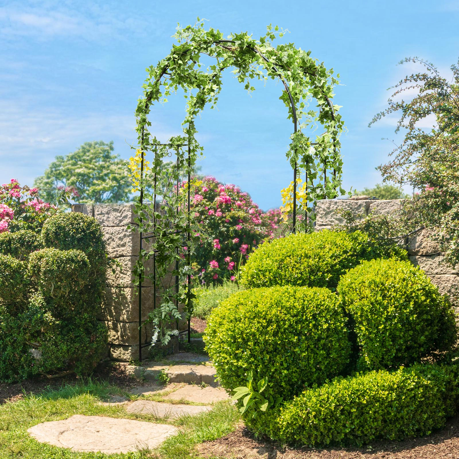 SUGIFT 87-in Black Metal Garden Arch Arbor Trellis with 61-in Side Trellises and 4 Ground Stakes