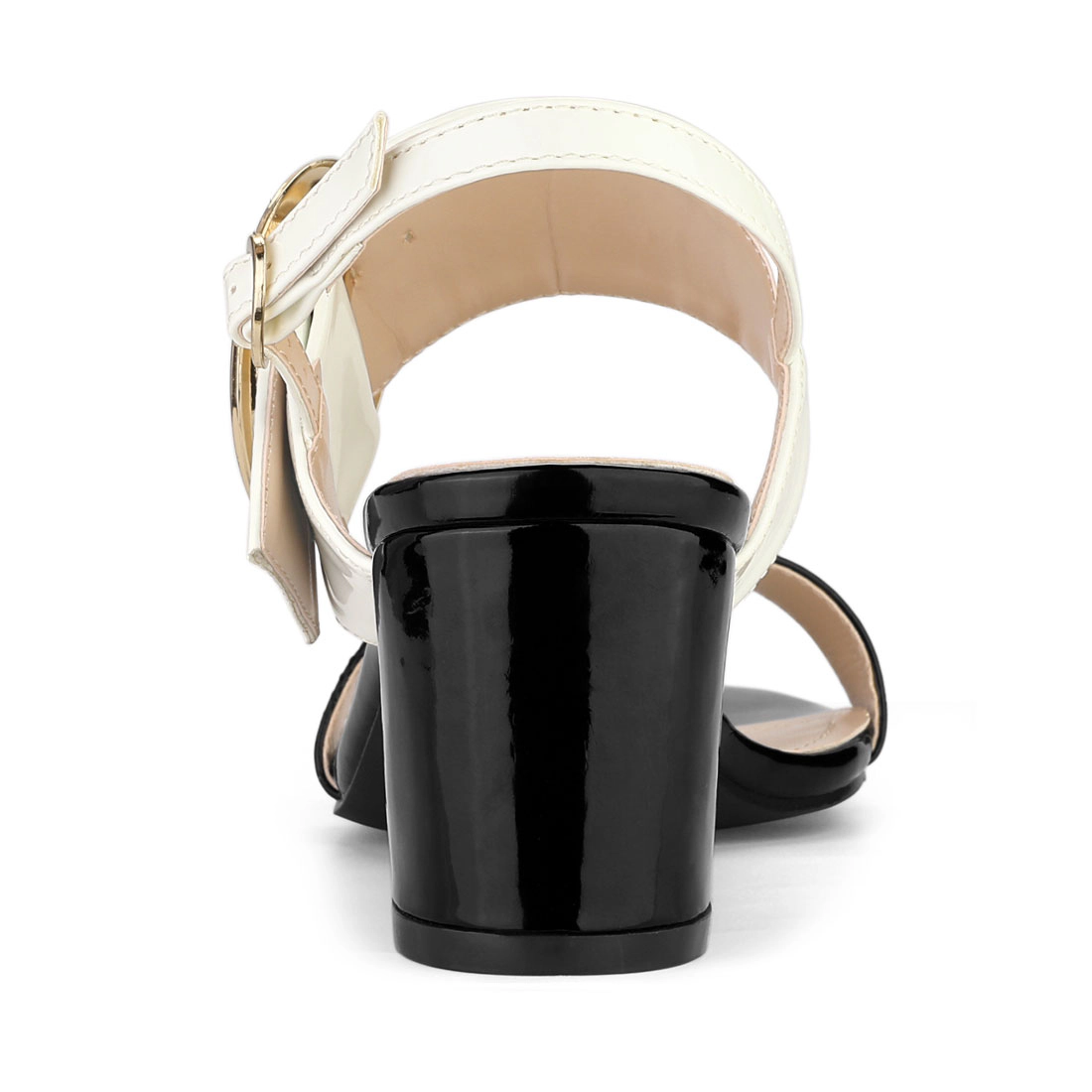BLISSFUL STEP Women's Patent Leather Chunky Slingback Block High Heel Sandals