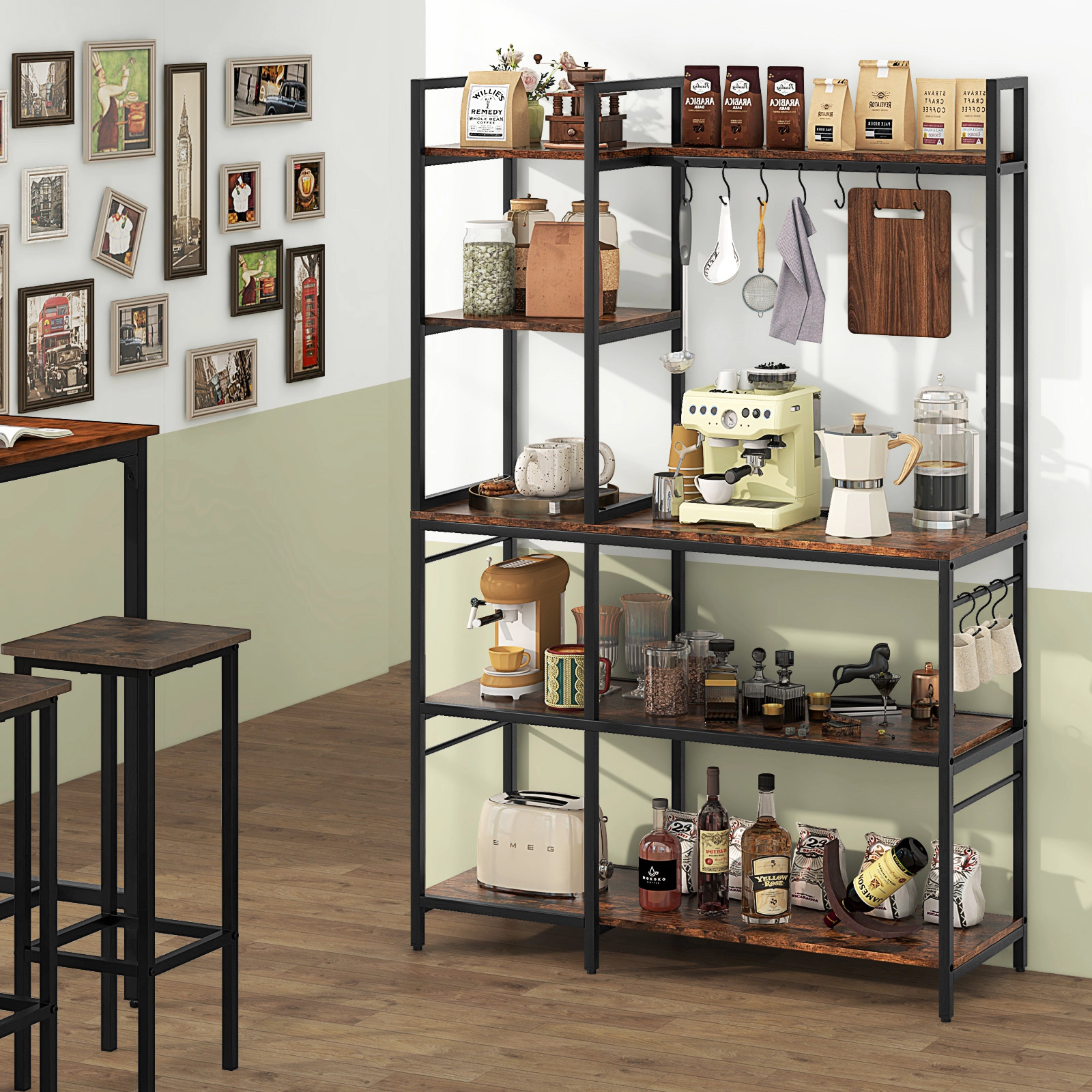 SUGIFT 5-Tier Bakers Rack Rustic Brown with Power Outlets and 10 S-Shaped Hooks