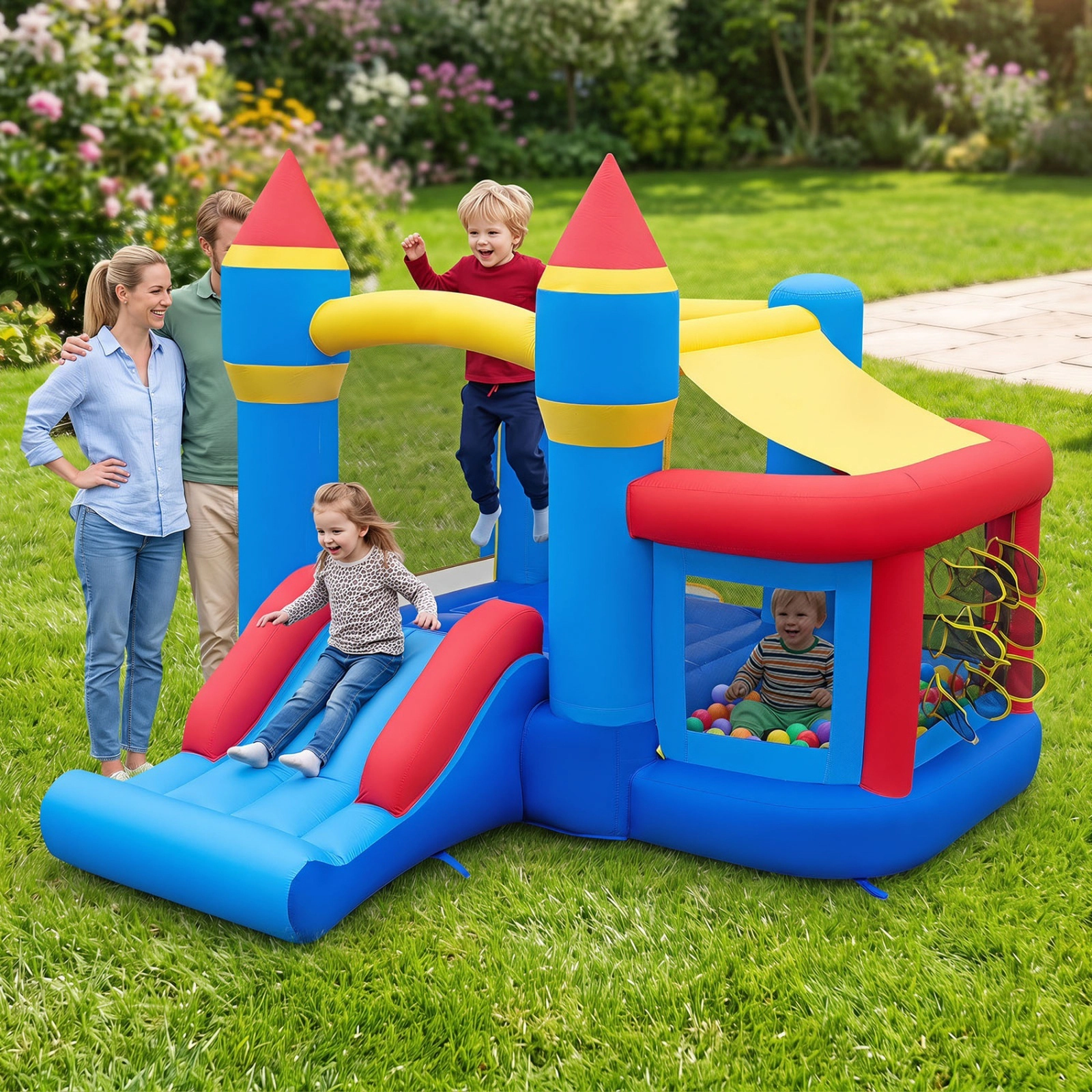 Inflatable Bounce House for Kids with 50 Ocean Balls Football Basketball Rim and 480W Blower for Birthday Party Carnival