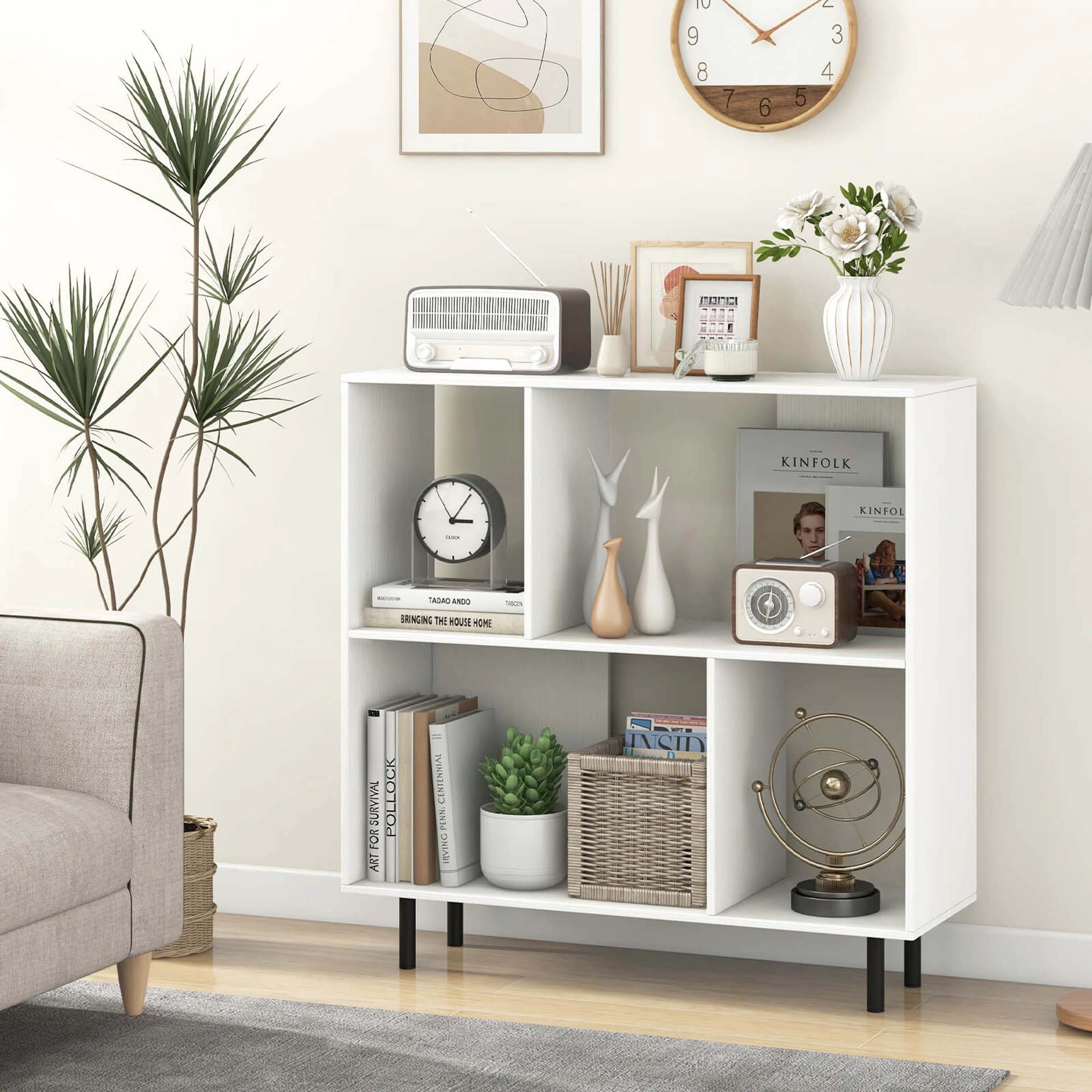 Costway Open Shelf Bookcase Mid Century Modern Cube Bookshelf with 4 Compartments Black