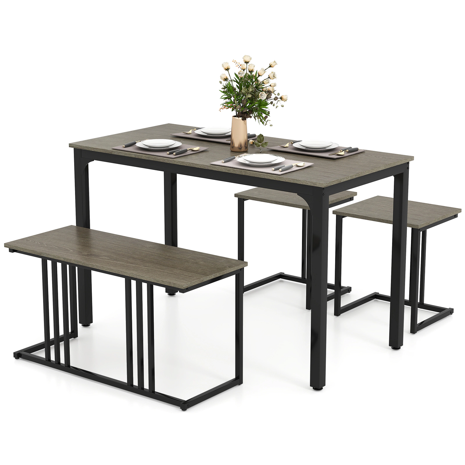 LJG 4 Pieces Space-Saving Dining Table Set with Bench and 2 Stools