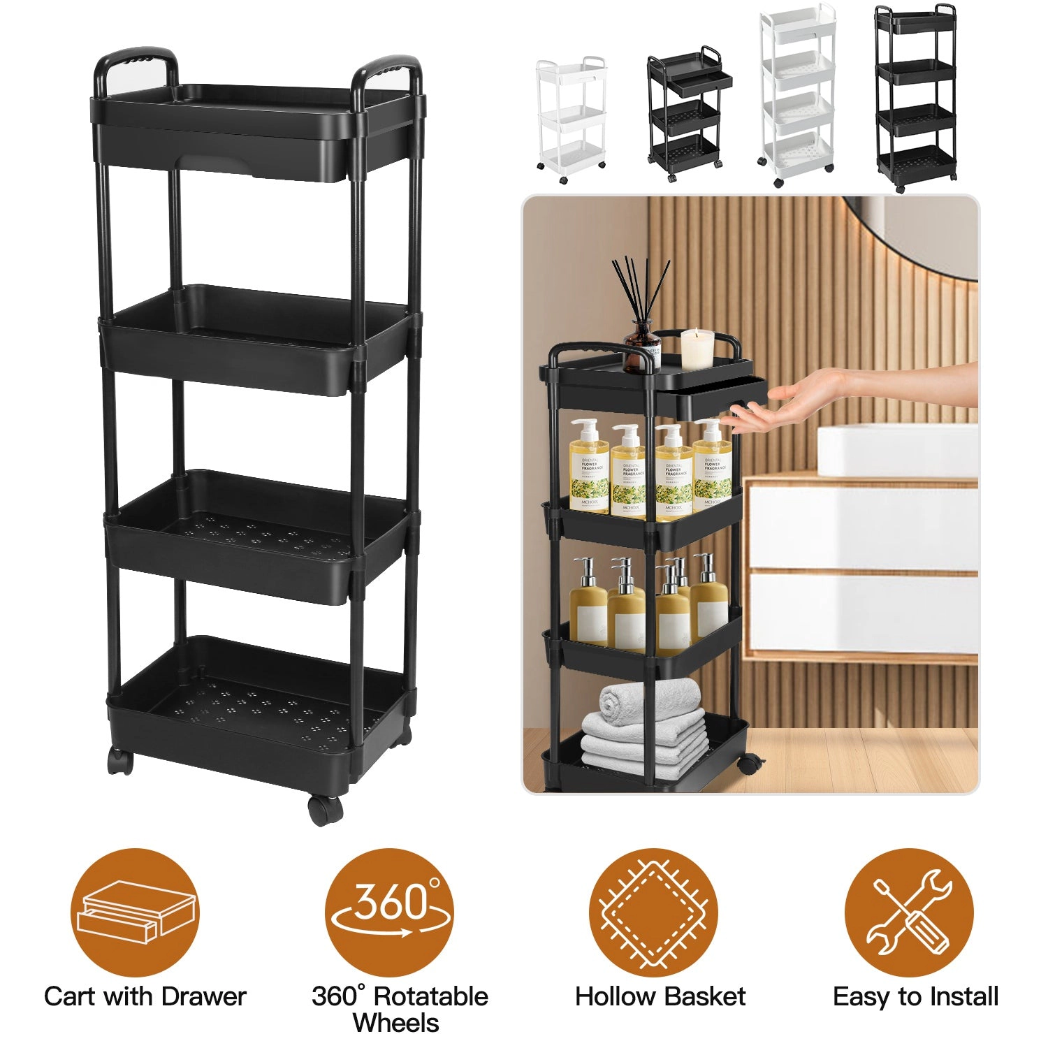 GBruno 3-Tier Rolling Utility Cart With Drawer