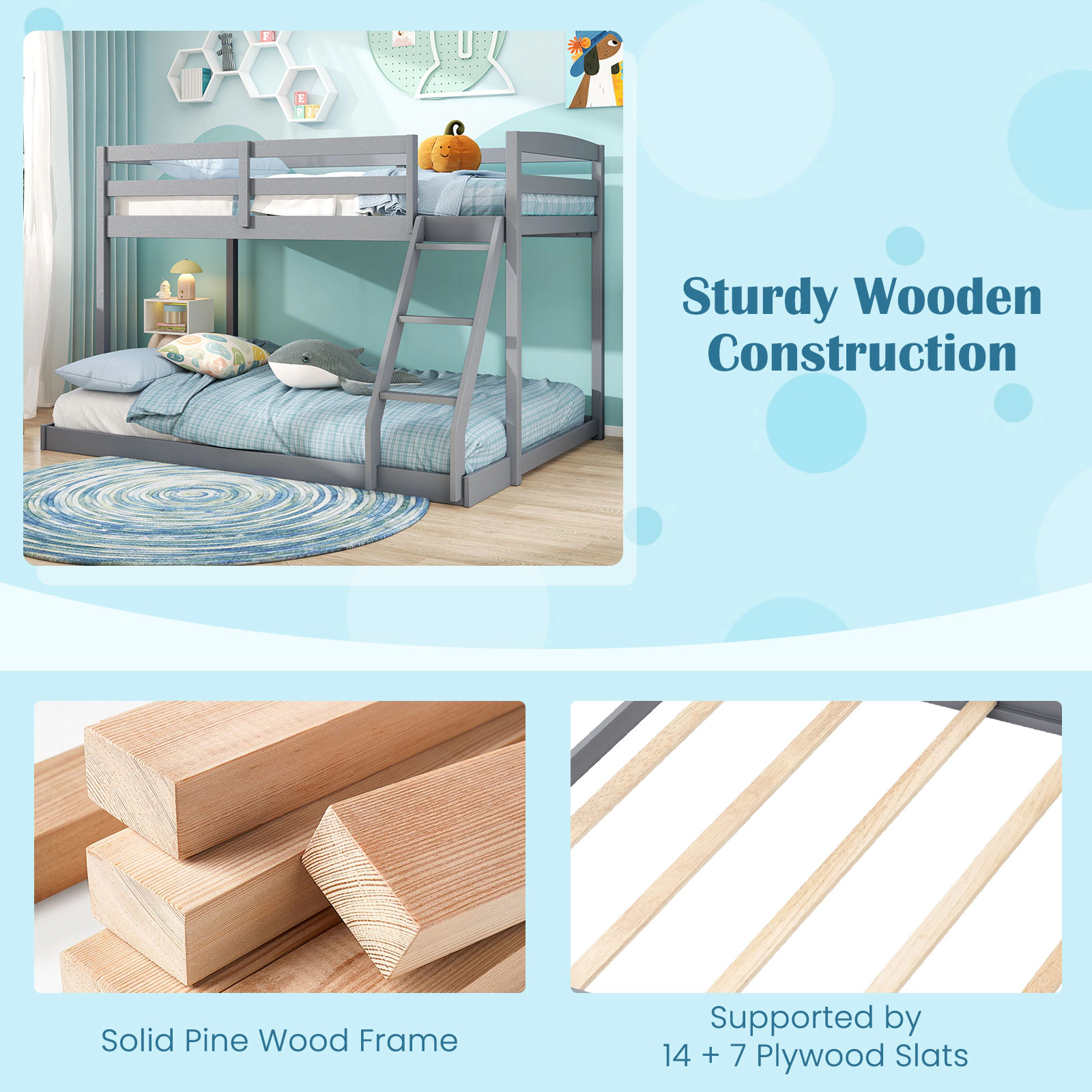 SUGIFT Twin Over Full Low Floor Bunk Bed Frame Guardrails & Ladder 250-lb Upper 350-lb Lower Capacity Gray/White/Natural