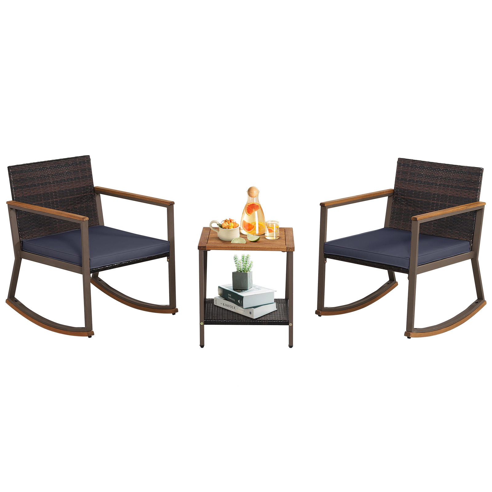 SUGIFT 3-Piece Outdoor Rattan Rocking Chair Bistro Set with 2-Tier Acacia Wood Table