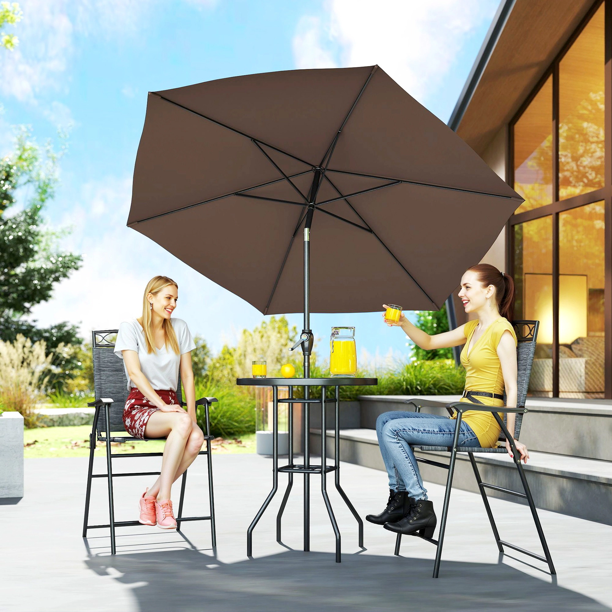 HONGGE 4 Piece Outdoor Bar Set with Umbrella Patio Dining 2 Folding Chairs Wave Textured Tempered Glass Table