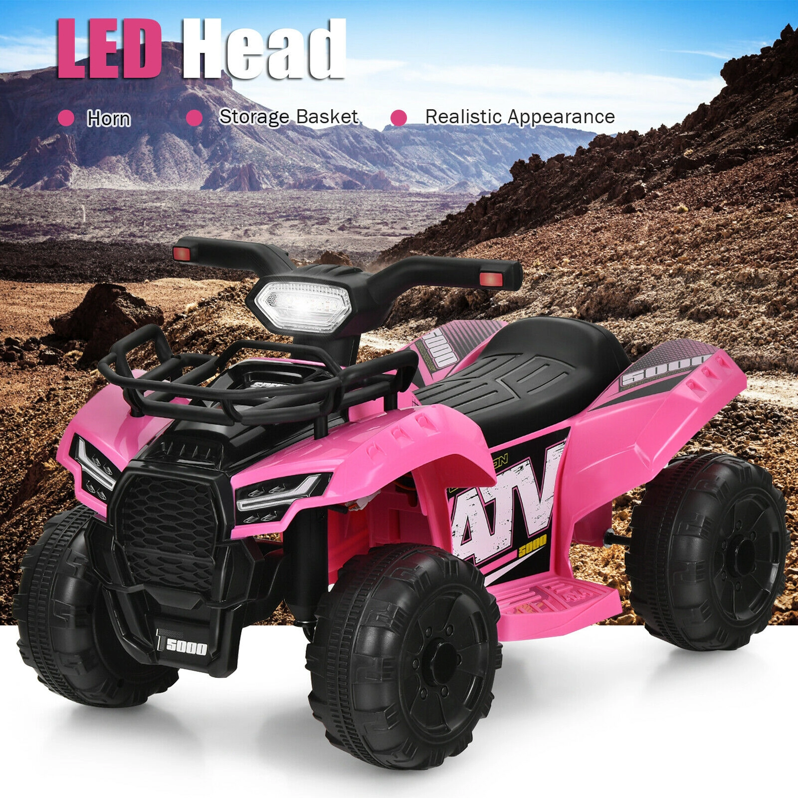 6V Toddler ATV Quad Ride On Car with Front Storage Box LED Lights and MP3 Music 18-36 Months Pink Kids Four Wheeler