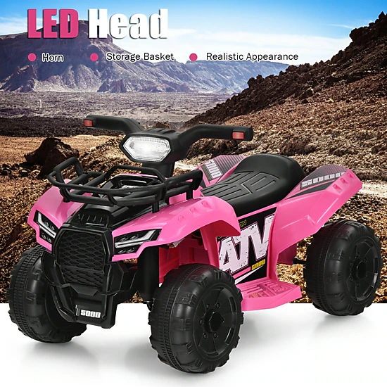 6V Toddler ATV Quad Ride On Car with Front Storage Box LED Lights and MP3 Music 18-36 Months Pink Kids Four Wheeler