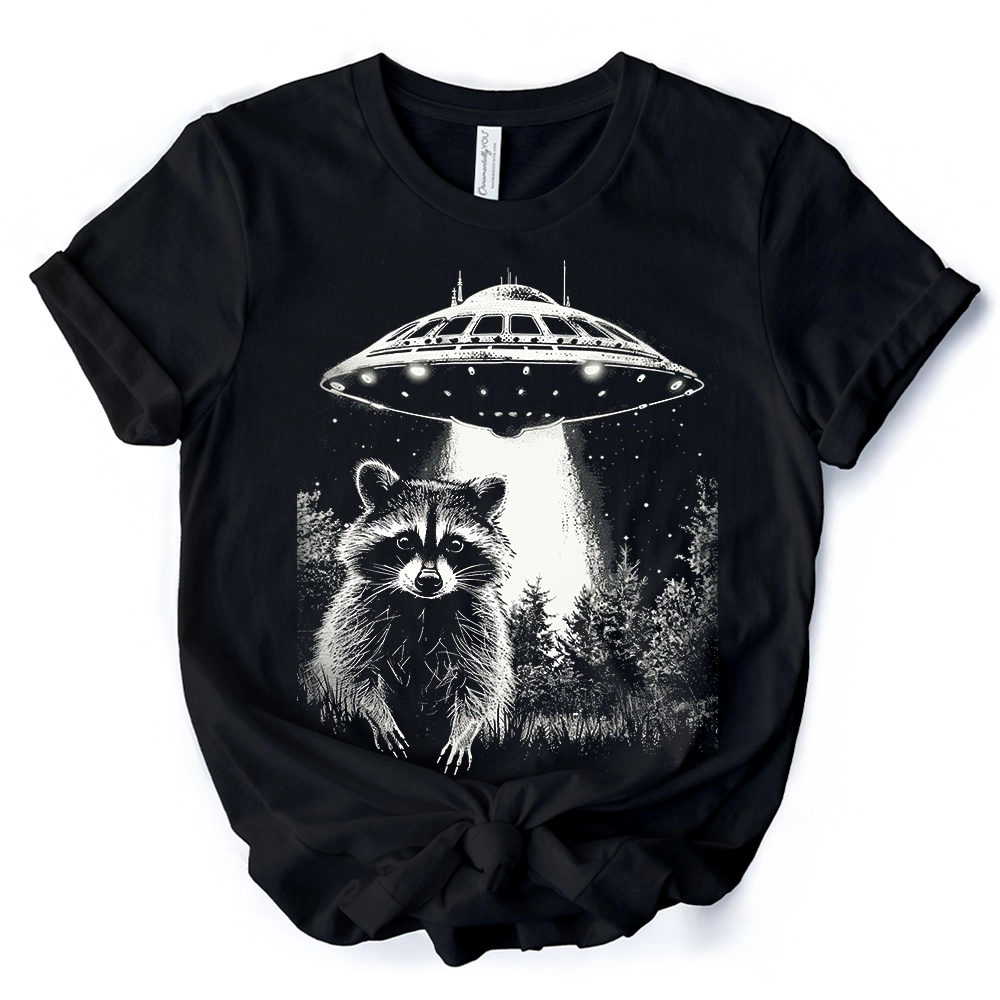 OrnamentallyYou Unisex Funny UFO Raccoon T-Shirt