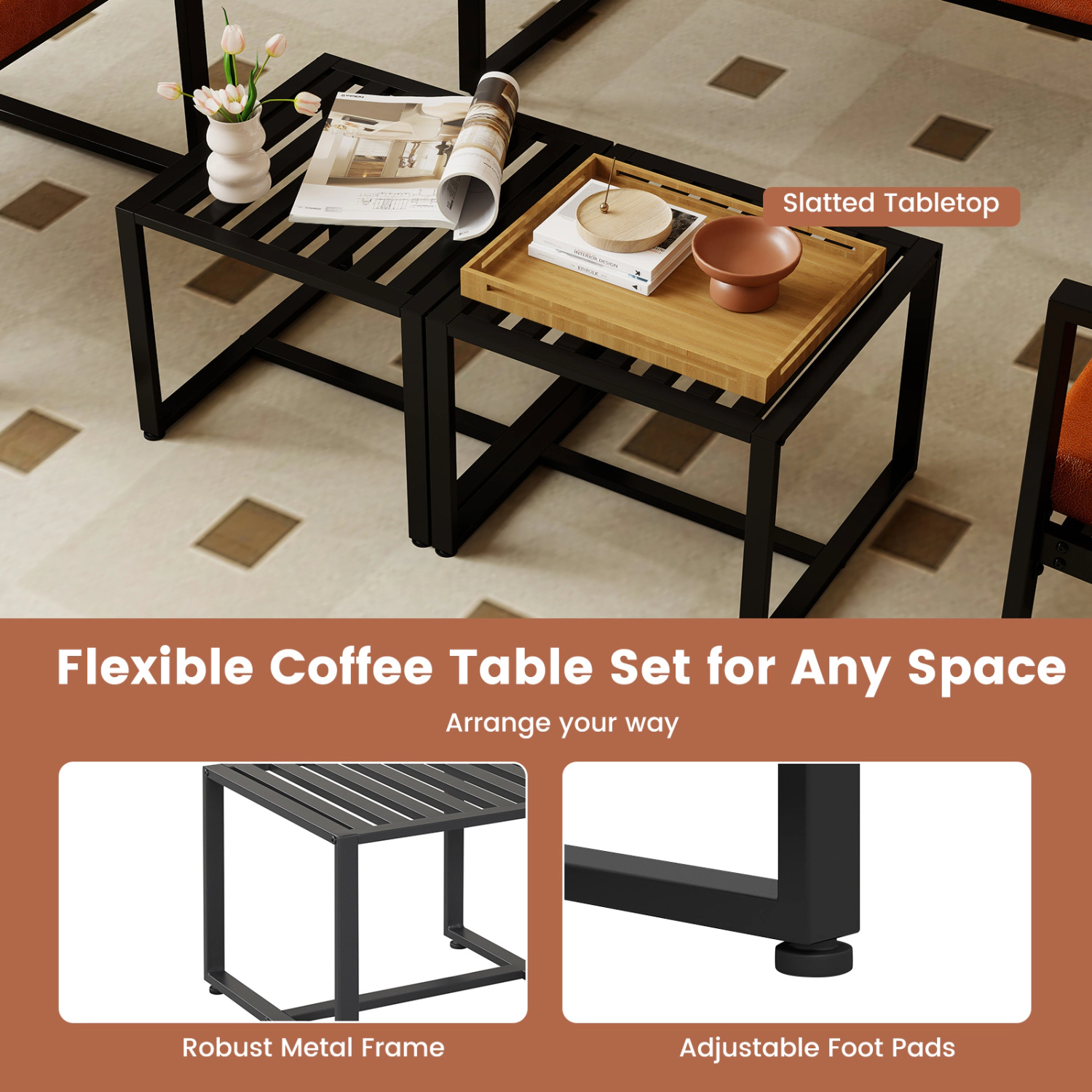 Glintex 2-Piece Metal End Table Set with Slatted Tops and 242-Lb Capacity, Black