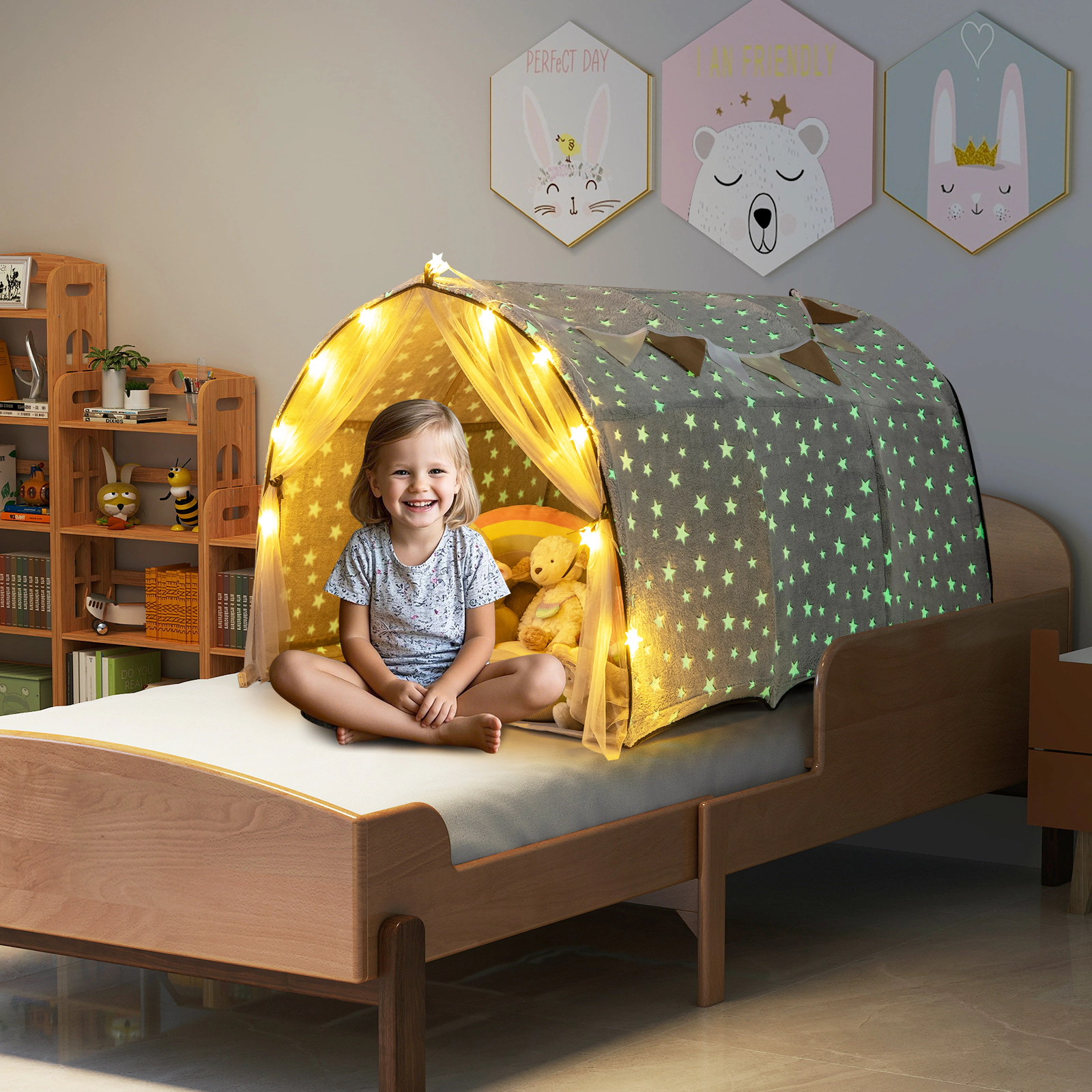 Kids Bed Tent for Twin Bunk Bed with Glow in the Dark Stars and Star Light String 54-in Flannel Privacy Canopy Gray