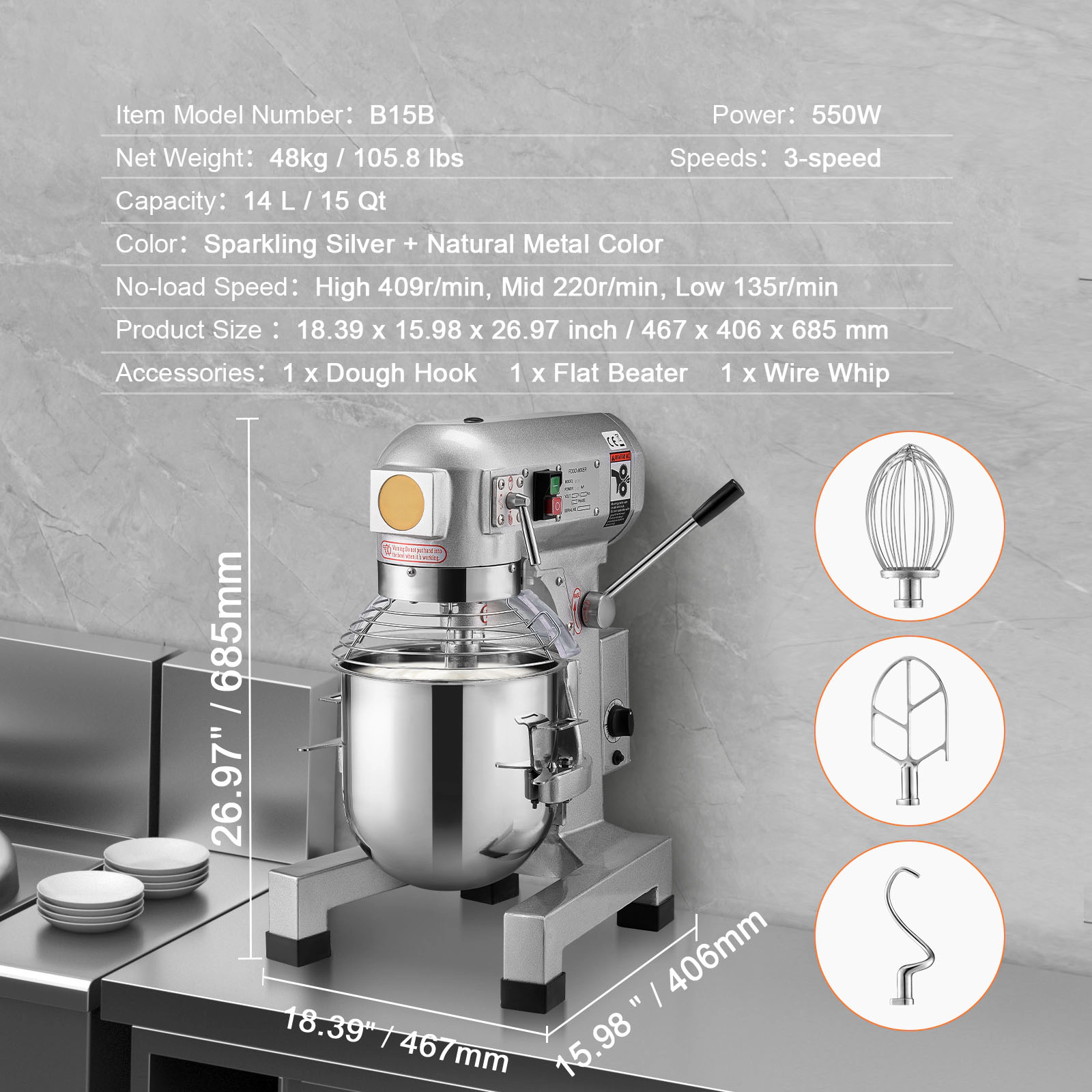 HONGGE Commercial Food Mixer Commercial Stand Mixer with 3 Adjustable Speeds 550W Dough Mixer with Stainless Steel Bowl