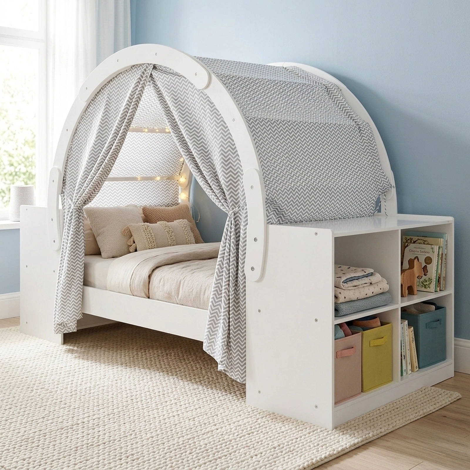 Wooden Kids Play Tent Playhouse with 8 Cubbies and 2 Countertops Curtain Shades Fits Most Kids Mattresses White