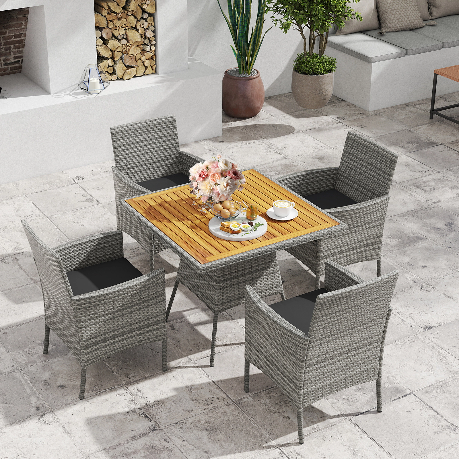 LJG 5 Pieces PE Wicker Patio Dining Set Outdoor Acacia Wood Table and Chairs