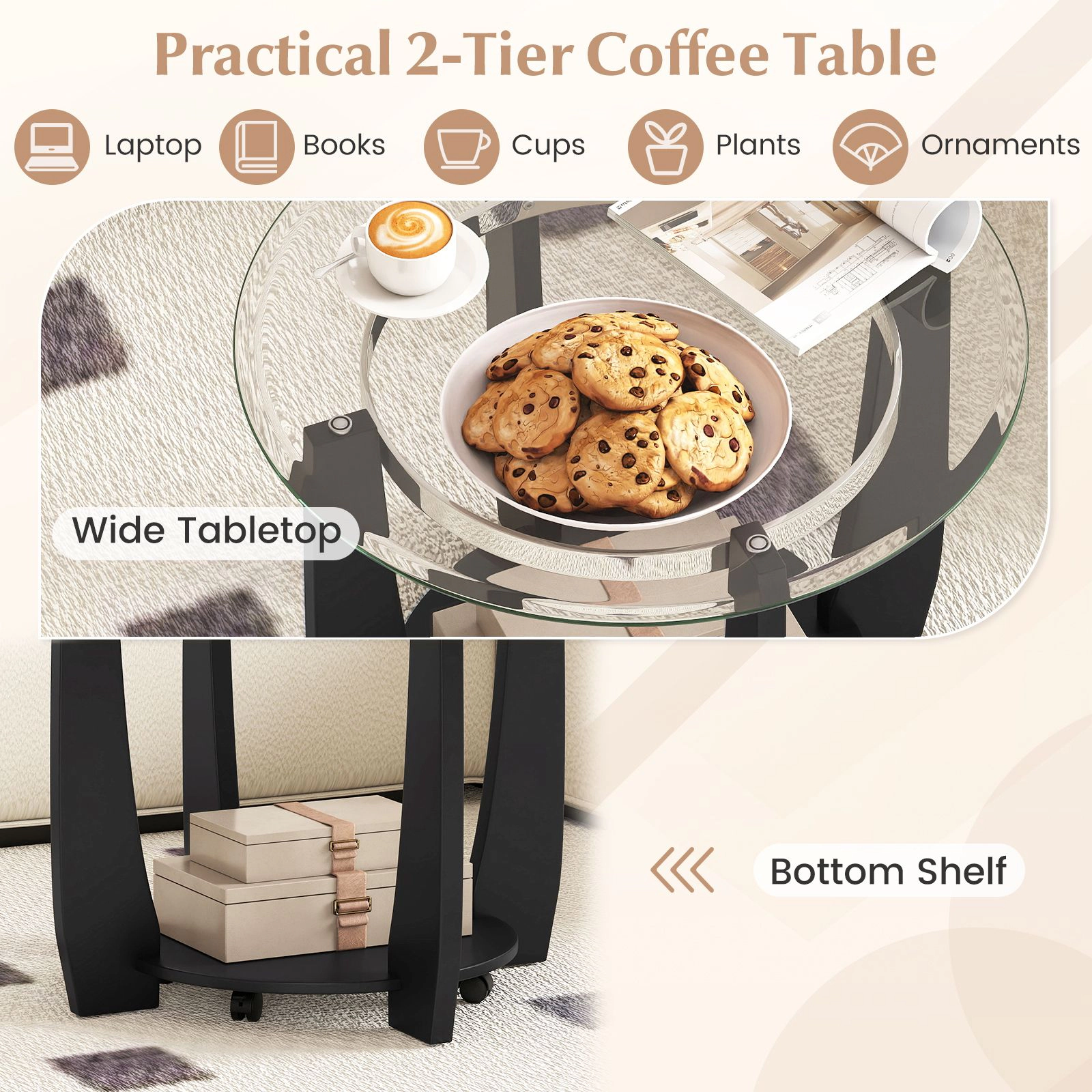 SlickBlue Round Glass Coffee Table with Storage Shelf and Wheels