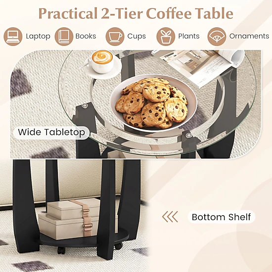 SlickBlue Round Glass Coffee Table with Storage Shelf and Wheels