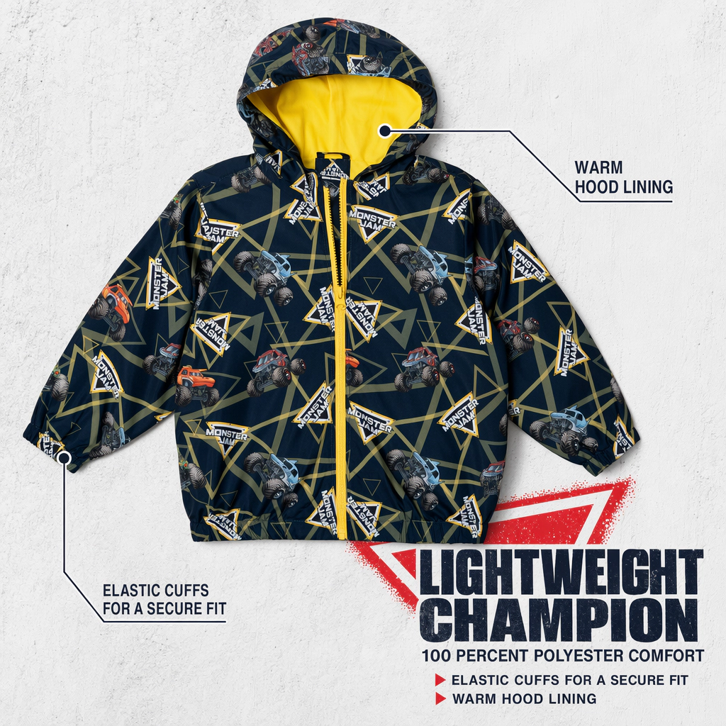 Monster Jam Boys' Zip-Up Hooded Windbreaker Jacket
