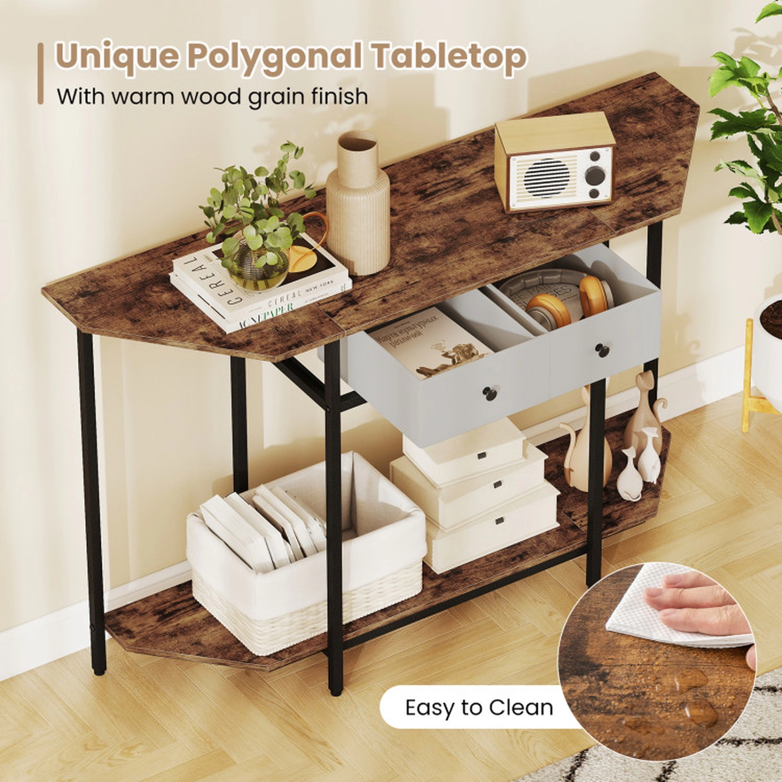 SUGIFT Polygonal Console Table with 2 Drawers and Open Storage Shelf 110-lb Tabletop Capacity Rustic Brown Black Gray