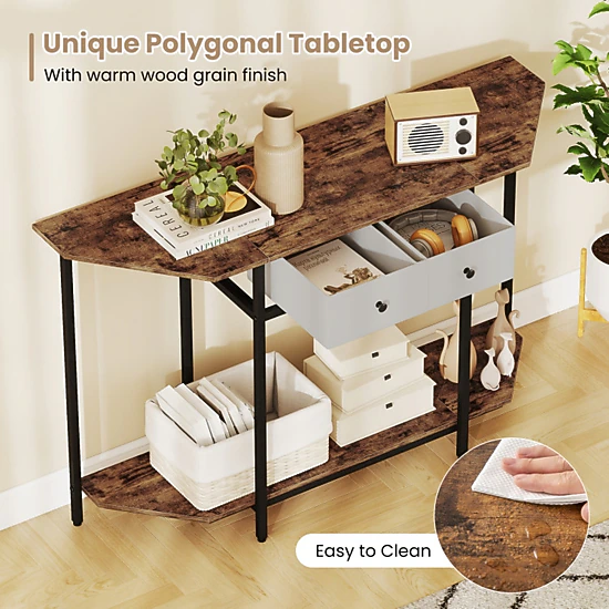 SUGIFT Polygonal Console Table with 2 Drawers and Open Storage Shelf 110-lb Tabletop Capacity Rustic Brown Black Gray