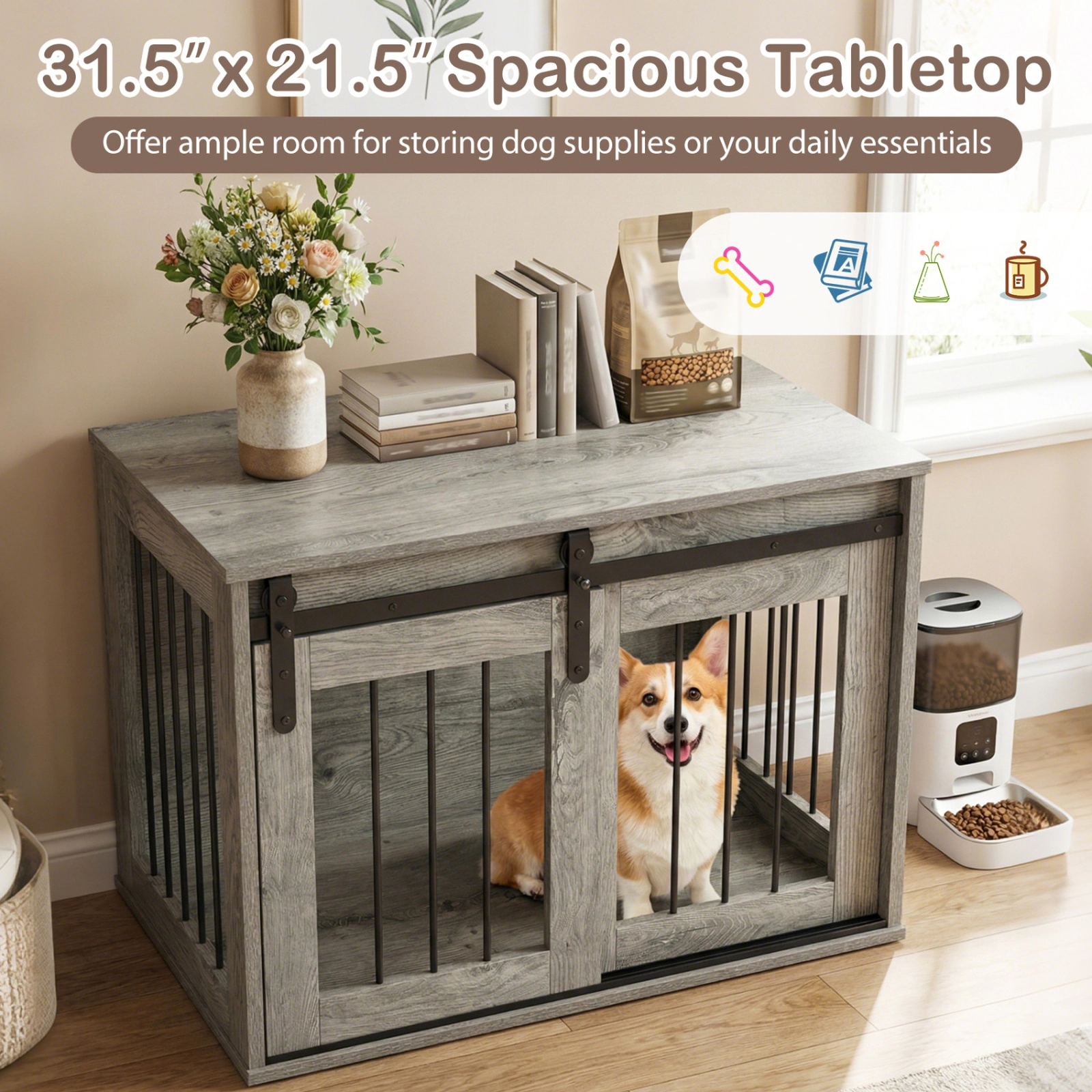 SUGIFT 31.5-in Heavy Duty Dog Crate Furniture Kennel with Sliding Barn Door and Metal Slatted Windows