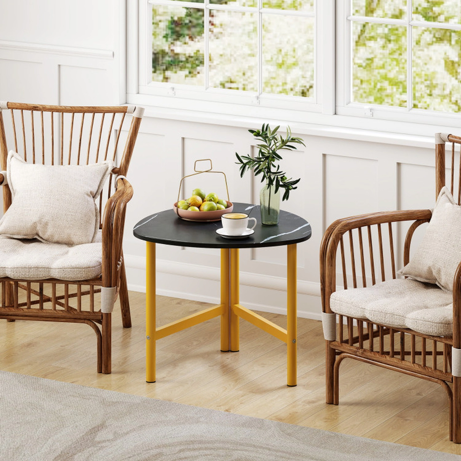 SUGIFT Set of 2 Triangular Coffee Tables with Metal Legs 132-lb Capacity 23.5-in Top Rustic Brown & Black / Black & Gold