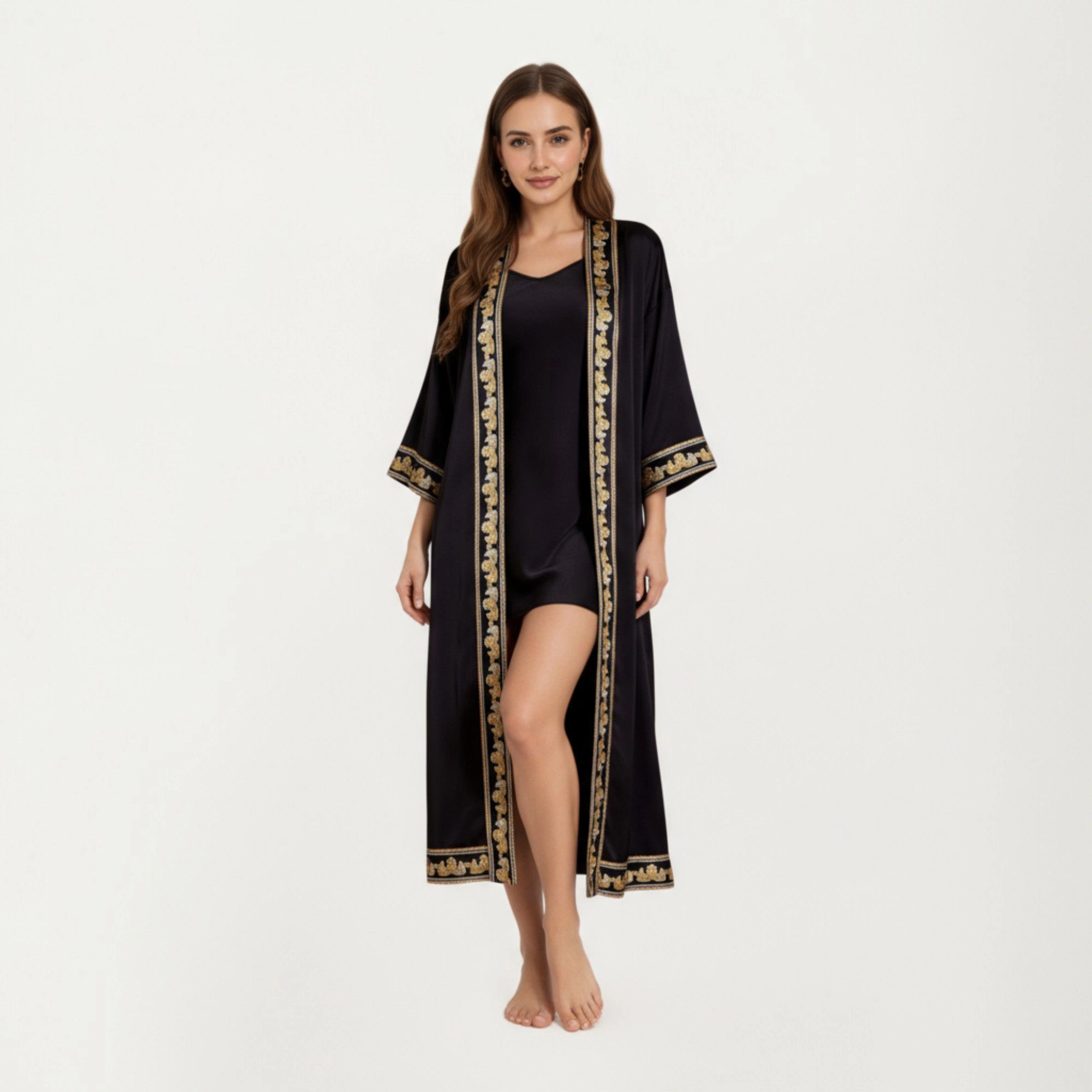 Anna-Kaci Women's Satin Long Robe with Embroidered Trim and Wide Sleeves