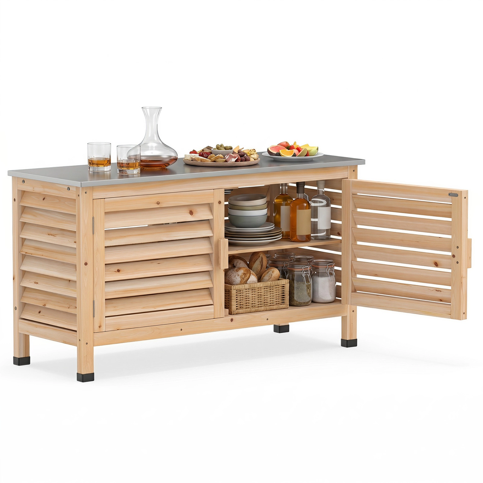 SUGIFT Fir Wood Patio Storage Cabinet Stainless Steel Countertop 66-lb Capacity 43 x 16 x 24-in Natural/Silver