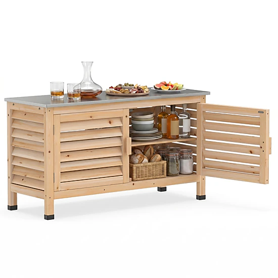 SUGIFT Fir Wood Patio Storage Cabinet Stainless Steel Countertop 66-lb Capacity 43 x 16 x 24-in Natural/Silver