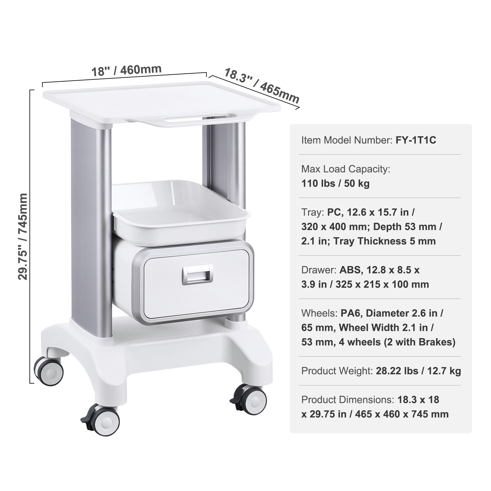 HONGGE Lab Carts Lab Utility Cart with & 1 Top Tray Mobile Medical Cart with ABS Material Lab Rolling Cart with 4