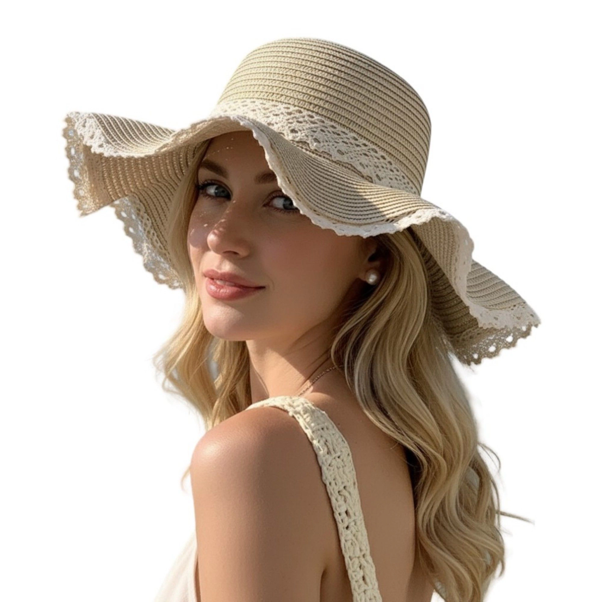 Anna-Kaci Women's Wide Brim Straw Sun Hat Lace Trim Bow Adjustable Chin Strap Breathable Packable Summer Beach
